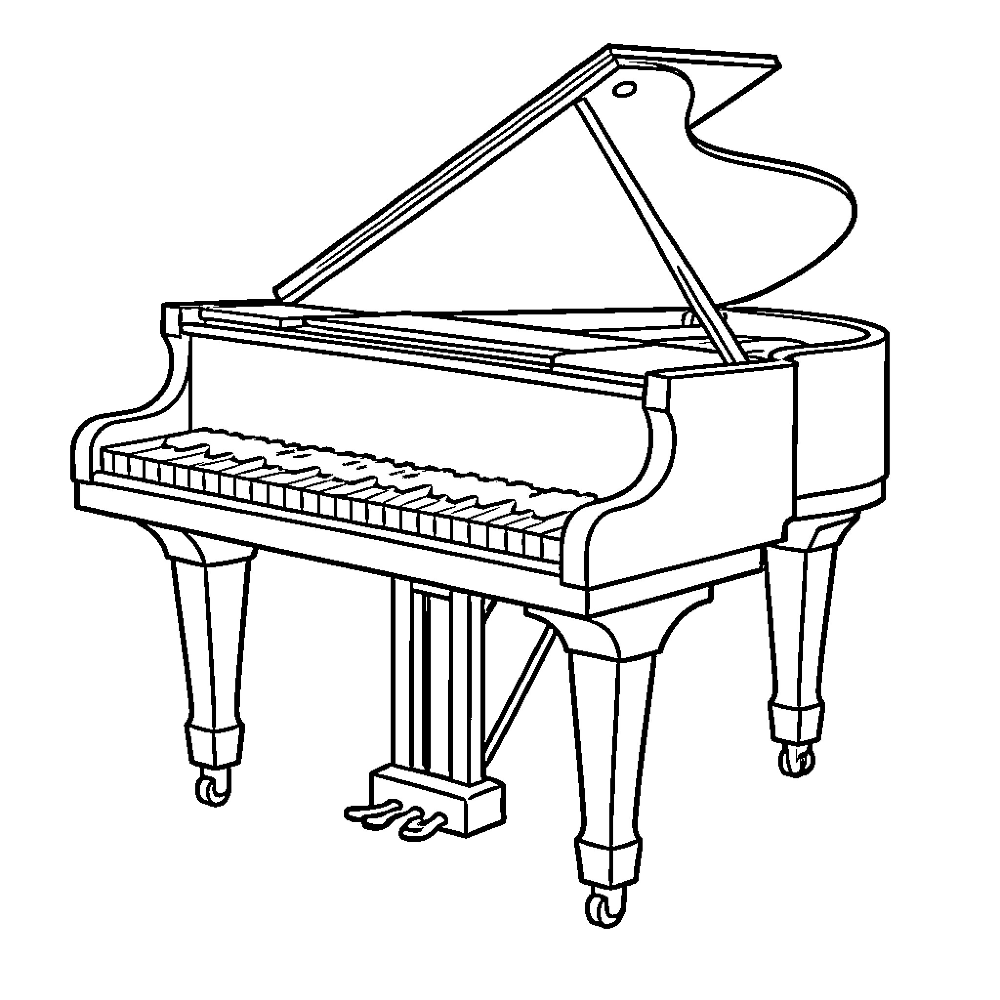 Piano standing open on a stage Coloring Page (free black-and-white line drawing printable PDF for all, from beginners to advanced learners, including children, teens, adults, and seniors)