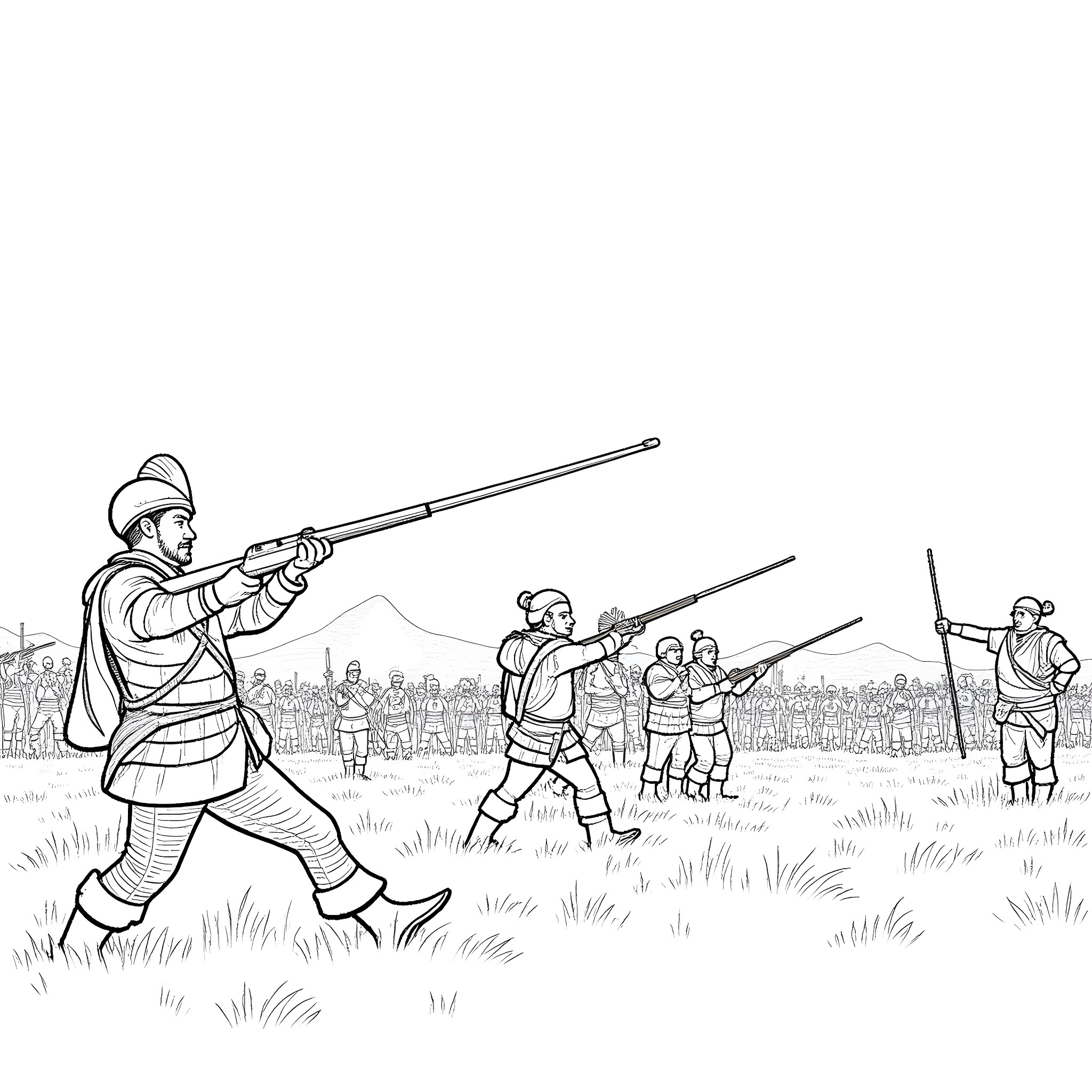 War Soldiers in Battle with Rifles and Weapons Coloring Page (free black-and-white line drawing printable PDF for all, from beginners to advanced learners, including children, teens, adults, and seniors)
