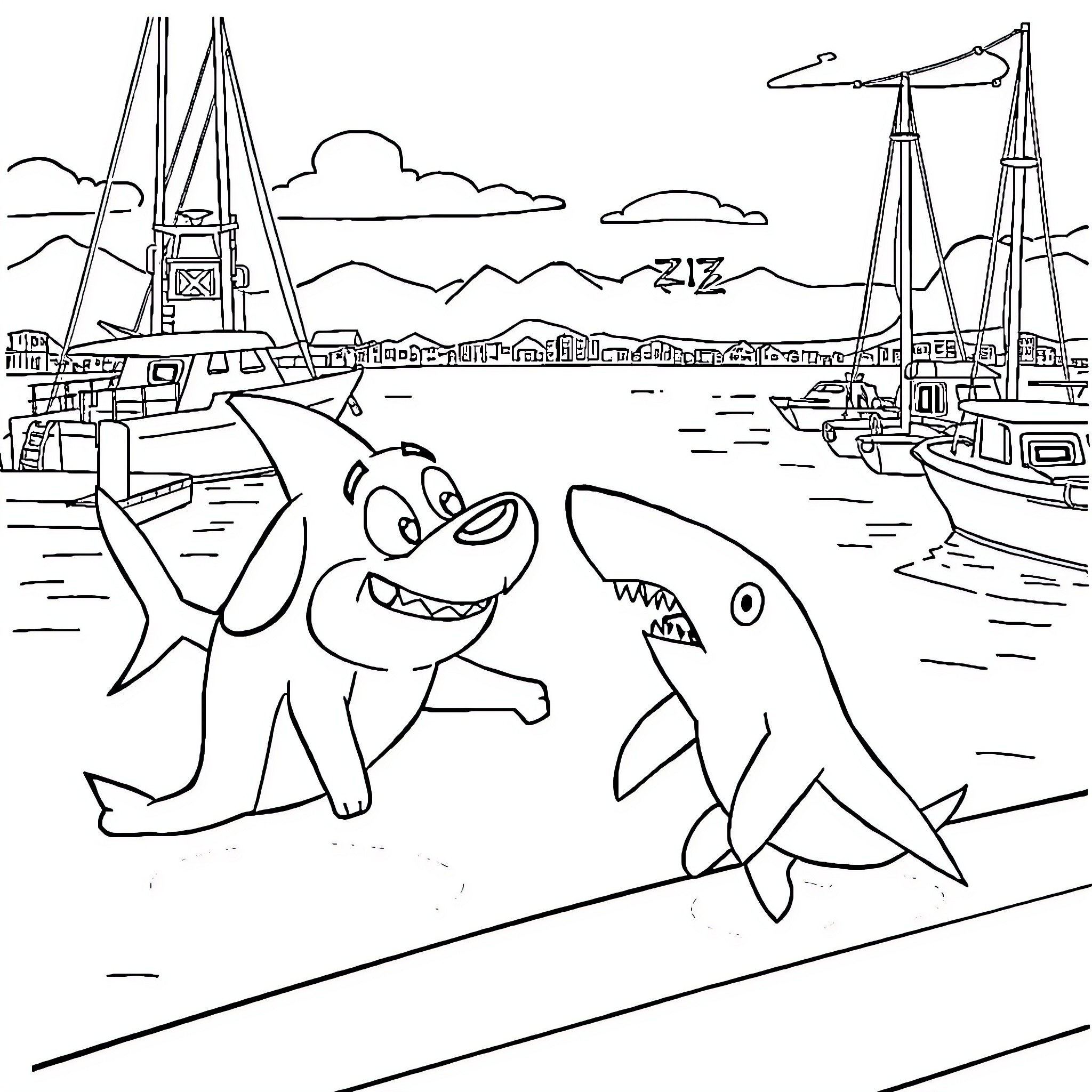Zig's Fun Day at the Seaside Coloring Page (free black-and-white line drawing printable PDF for all, from beginners to advanced learners, including children, teens, adults, and seniors)