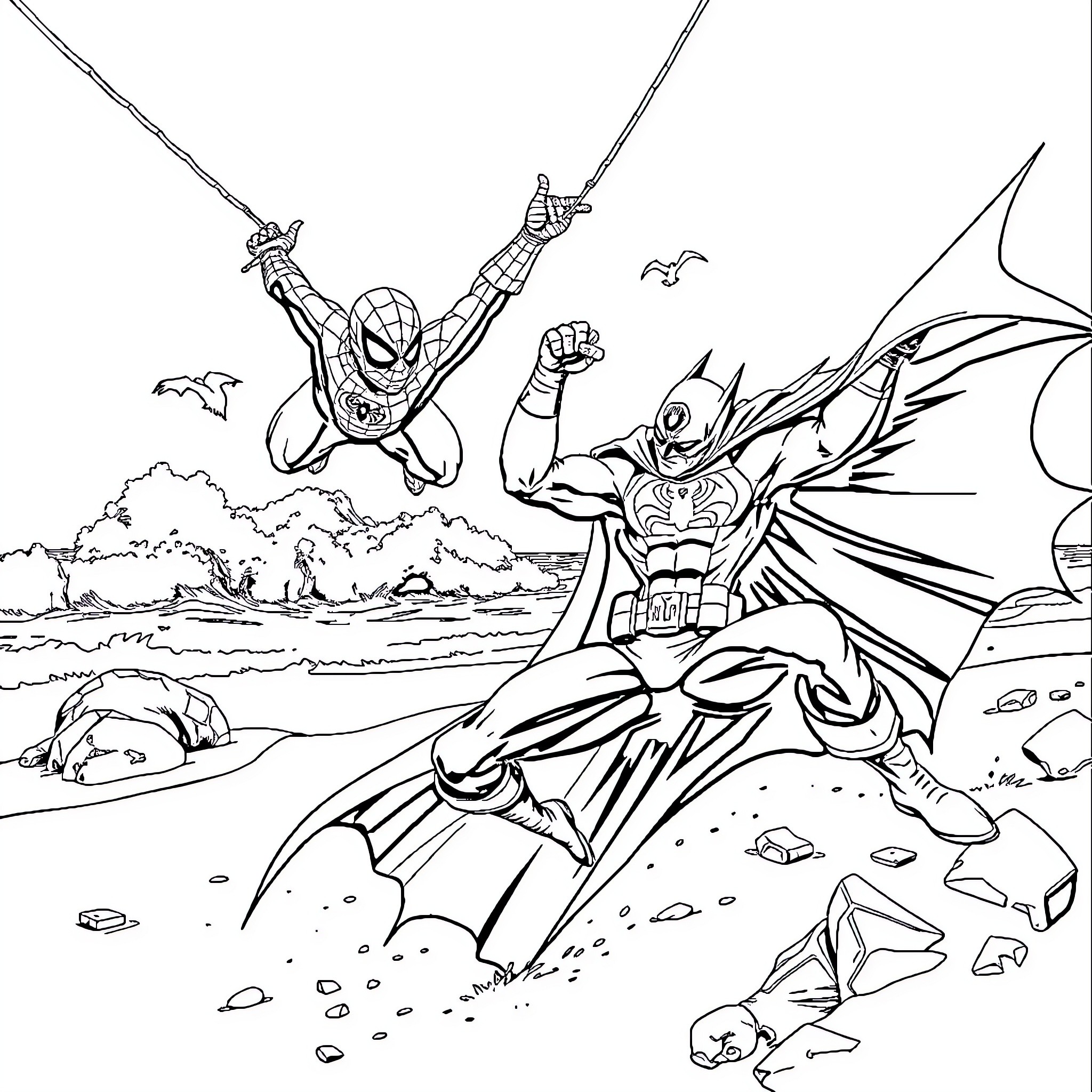Spider-Man swinging into action with Batman Coloring Page (free black-and-white line drawing printable PDF for all, from beginners to advanced learners, including children, teens, adults, and seniors)