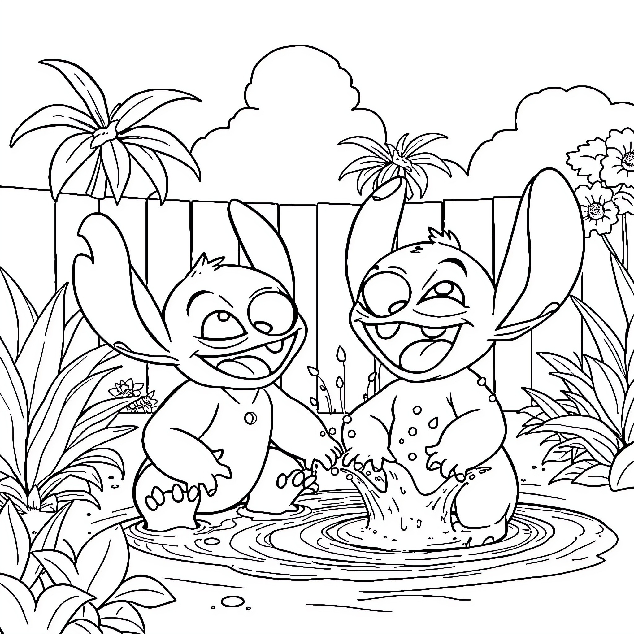 Lilo and Stitch playing in a tropical paradise Coloring Page (free black-and-white line drawing printable PDF for all, from beginners to advanced learners, including children, teens, adults, and seniors)
