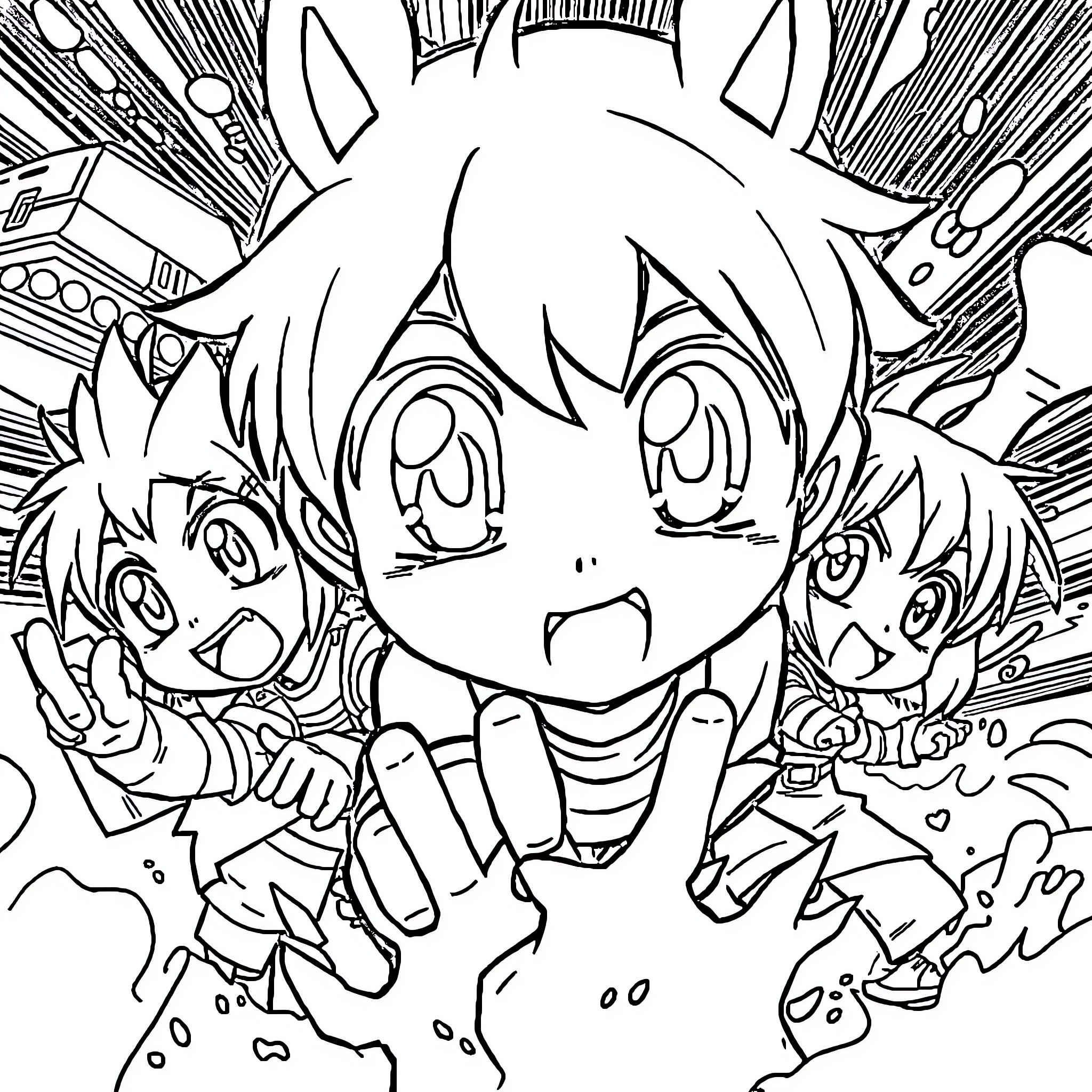 Anime Characters Expressing Excitement and Enthusiasm Coloring Page (free black-and-white line drawing printable PDF for all, from beginners to advanced learners, including children, teens, adults, and seniors)