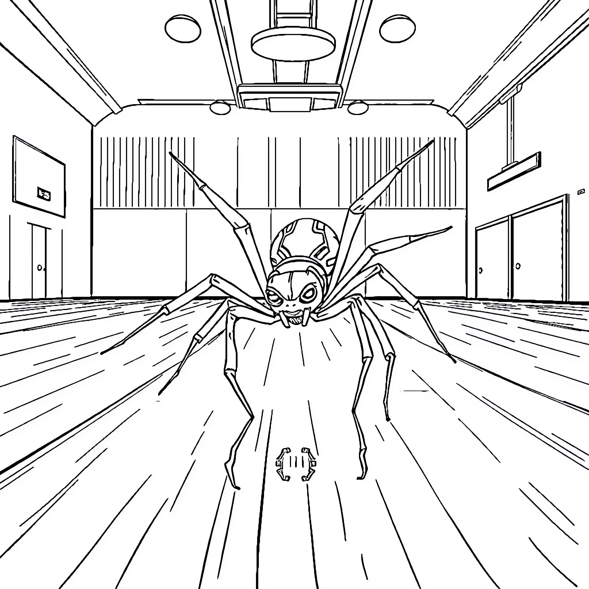 Spider climbing menacingly through the workshop Coloring Page (free black-and-white line drawing printable PDF for all, from beginners to advanced learners, including children, teens, adults, and seniors)