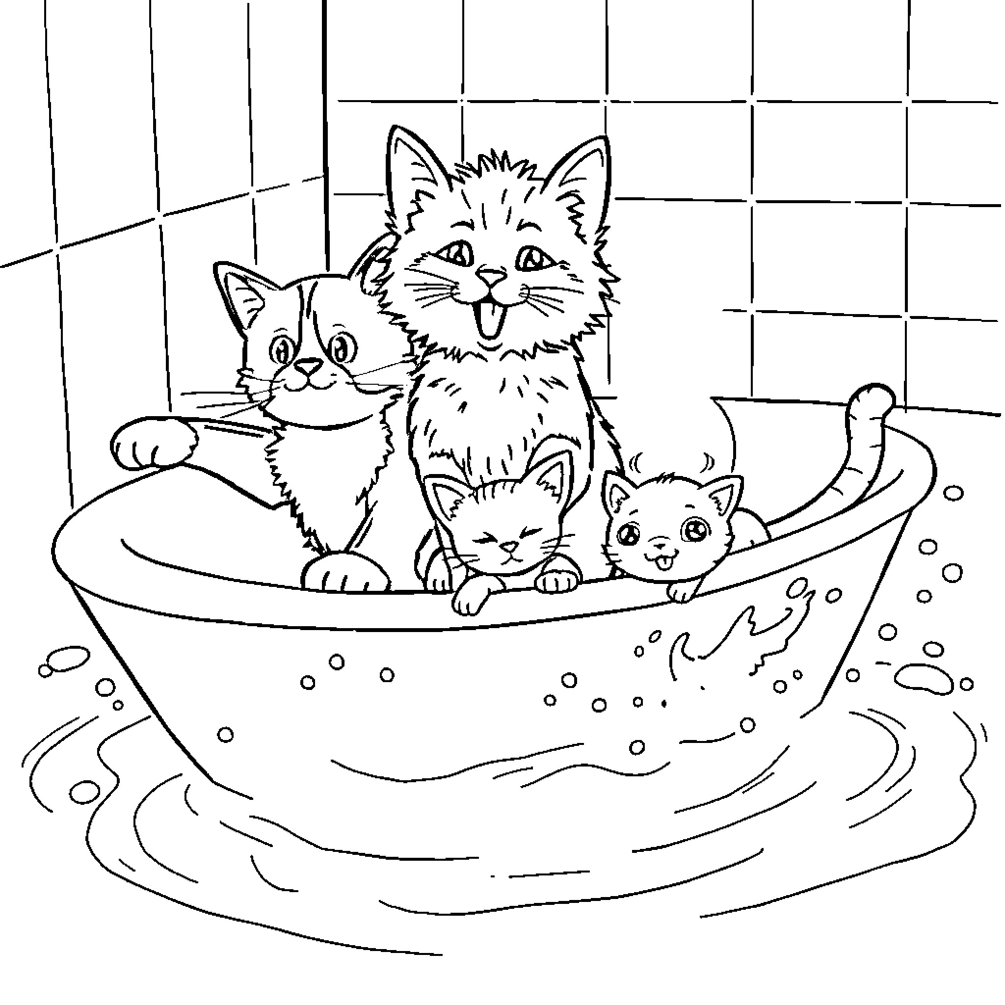 Cat Family Enjoying a Bath Coloring Page (free black-and-white line drawing printable PDF for all, from beginners to advanced learners, including children, teens, adults, and seniors)