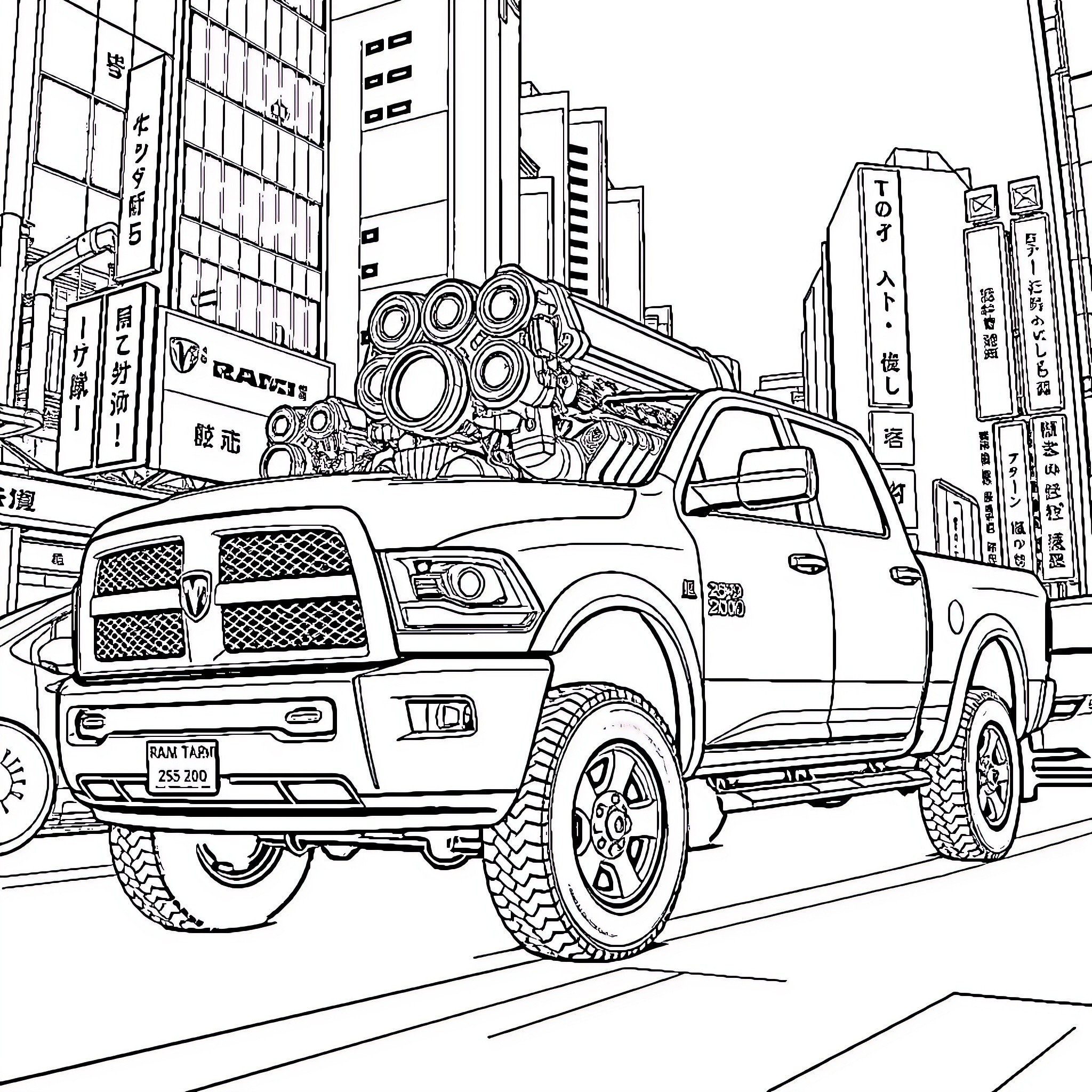 Ram pickup truck in urban city scene Coloring Page (free black-and-white line drawing printable PDF for all, from beginners to advanced learners, including children, teens, adults, and seniors)
