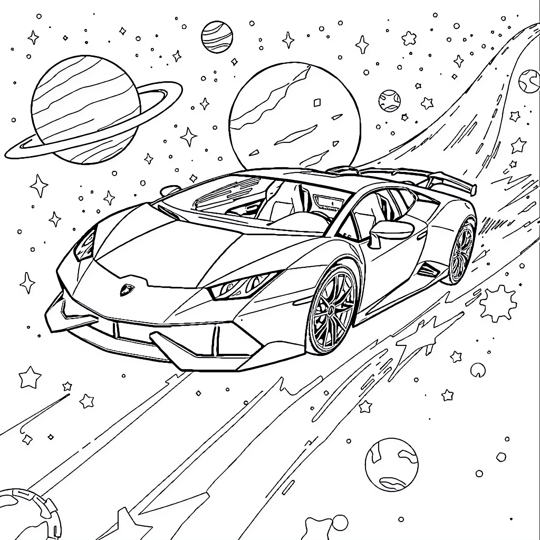 Lamborghini supercar in cosmic adventure Coloring Page (free black-and-white line drawing printable PDF for all, from beginners to advanced learners, including children, teens, adults, and seniors)