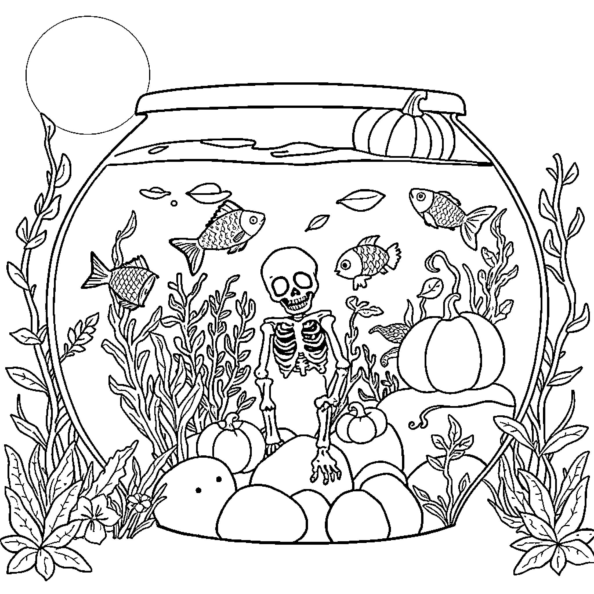 Fish and Aquatic Life in a Decorative Aquarium Coloring Page (free black-and-white line drawing printable PDF for all, from beginners to advanced learners, including children, teens, adults, and seniors)