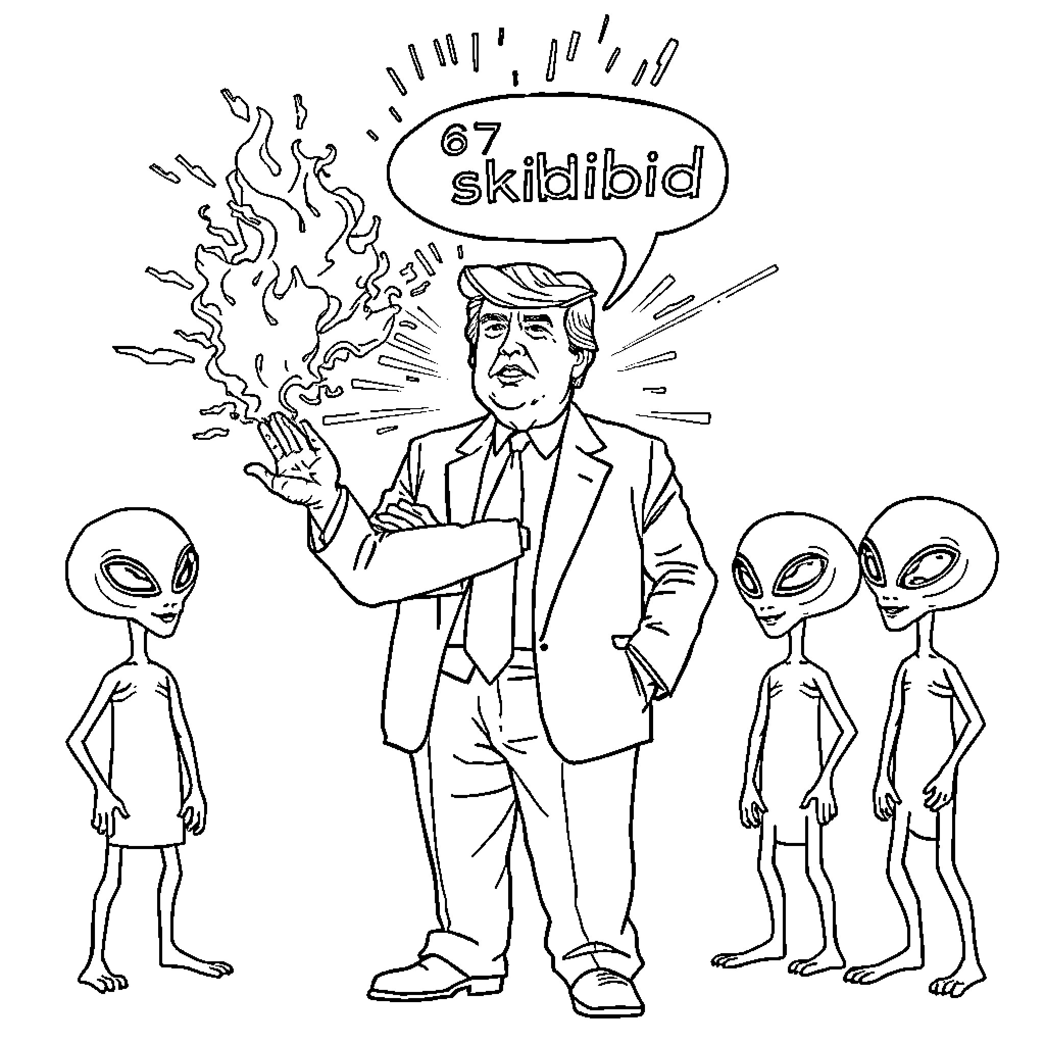 Trump expressing outrageous statements with alien figures Coloring Page (free black-and-white line drawing printable PDF for all, from beginners to advanced learners, including children, teens, adults, and seniors)