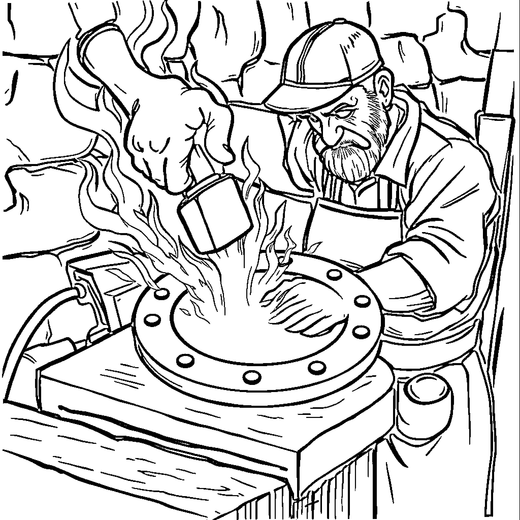 Blacksmith Forging Metal with Intense Focus Coloring Page (free black-and-white line drawing printable PDF for all, from beginners to advanced learners, including children, teens, adults, and seniors)