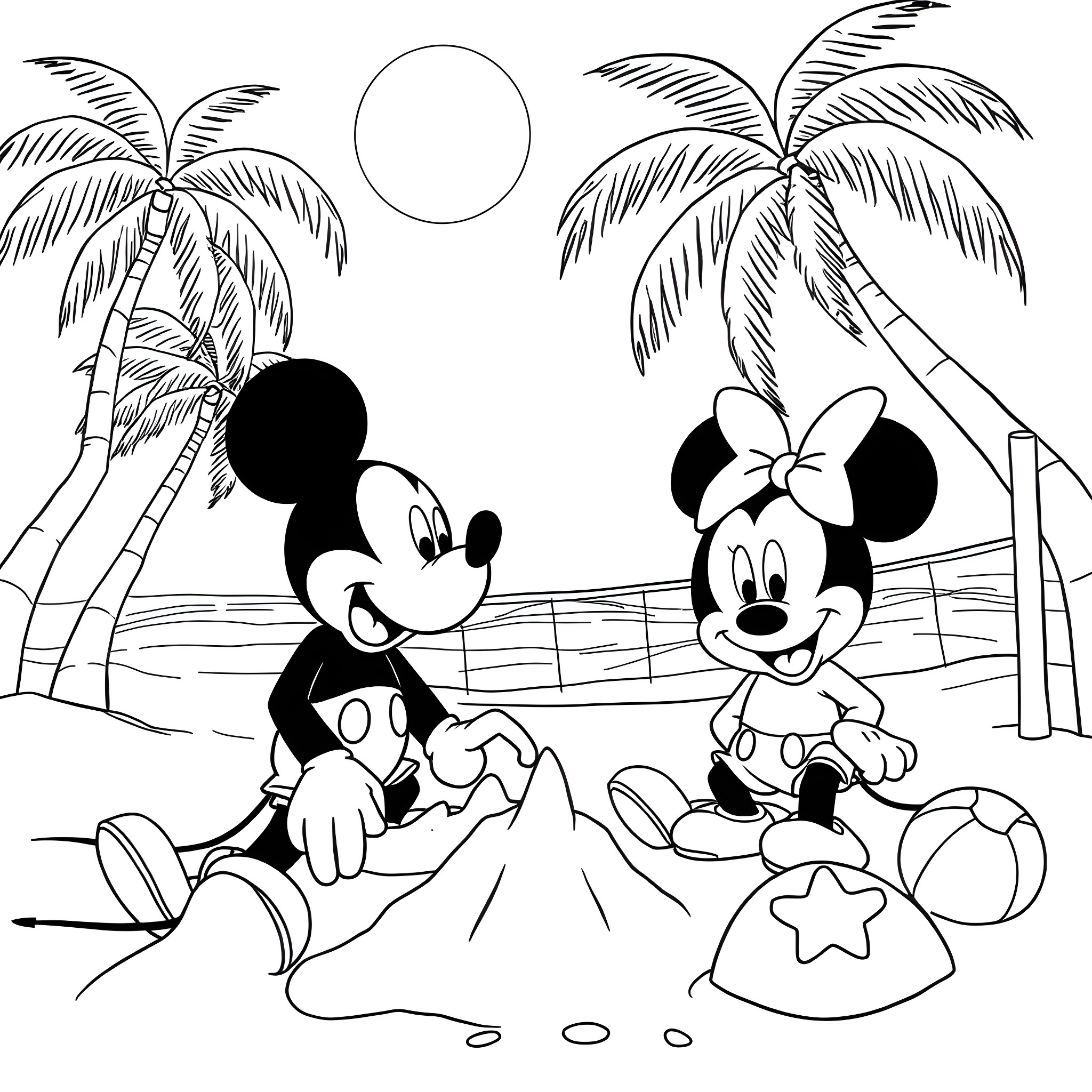 Mickey Mouse and Minnie Mouse enjoying tropical beach Coloring Page (free black-and-white line drawing printable PDF for all, from beginners to advanced learners, including children, teens, adults, and seniors)