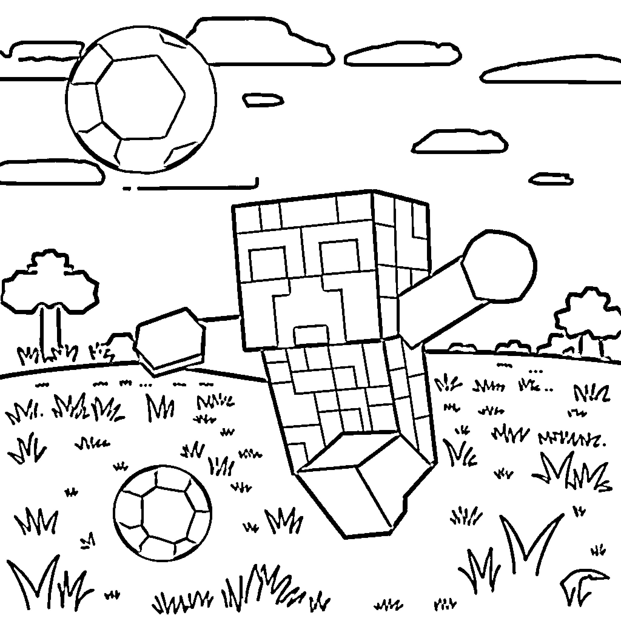 Creeper sneaking around the soccer field Coloring Page (free black-and-white line drawing printable PDF for all, from beginners to advanced learners, including children, teens, adults, and seniors)