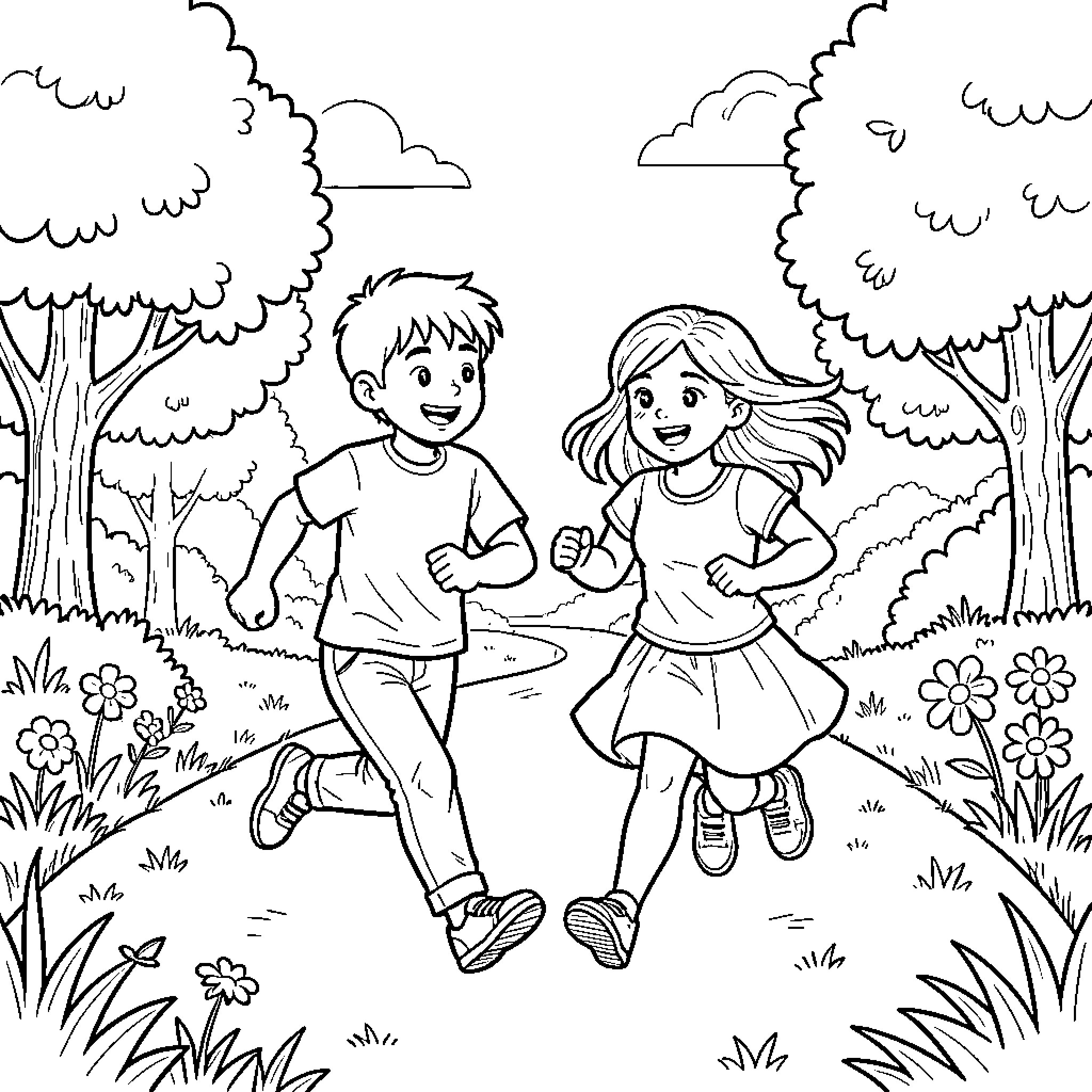 Child running and laughing together on a path Coloring Page (free black-and-white line drawing printable PDF for all, from beginners to advanced learners, including children, teens, adults, and seniors)