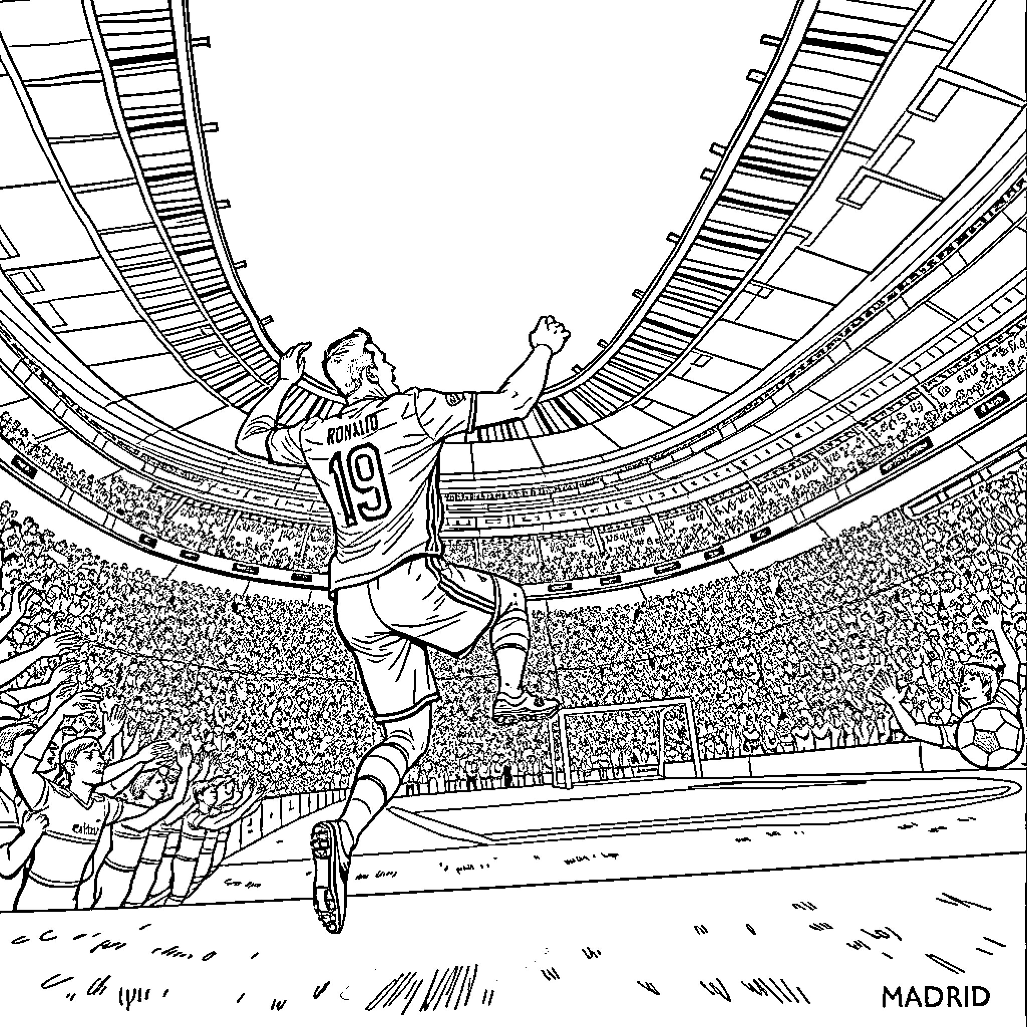 Ronaldo celebrating a goal in a crowded stadium Coloring Page (free black-and-white line drawing printable PDF for all, from beginners to advanced learners, including children, teens, adults, and seniors)
