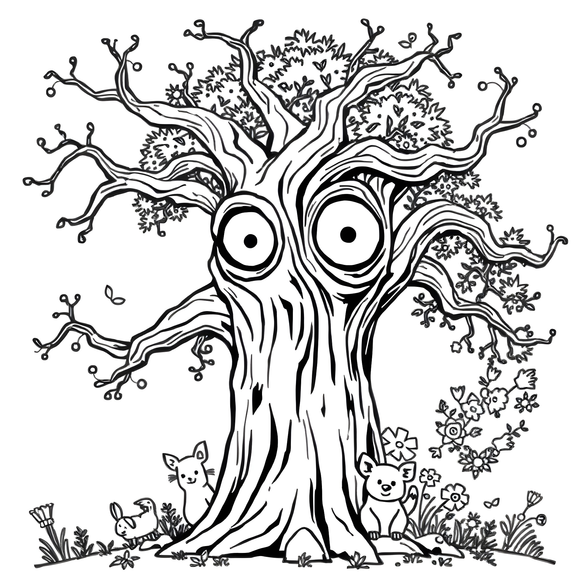 Tree with Eyes Surrounded by Whimsical Nature Coloring Page (free black-and-white line drawing printable PDF for all, from beginners to advanced learners, including children, teens, adults, and seniors)