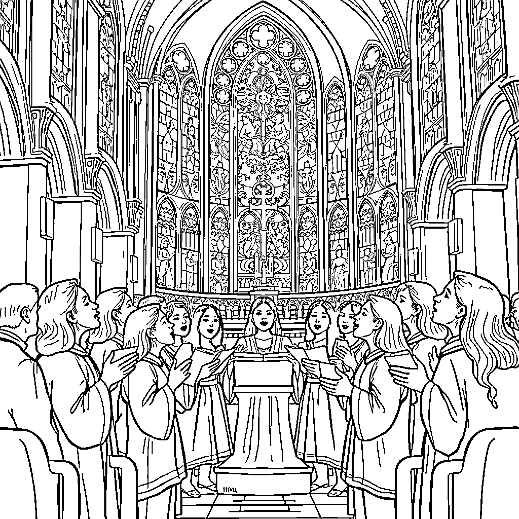 Choir Performing in a Grand Cathedral Coloring Page (free black-and-white line drawing printable PDF for all, from beginners to advanced learners, including children, teens, adults, and seniors)