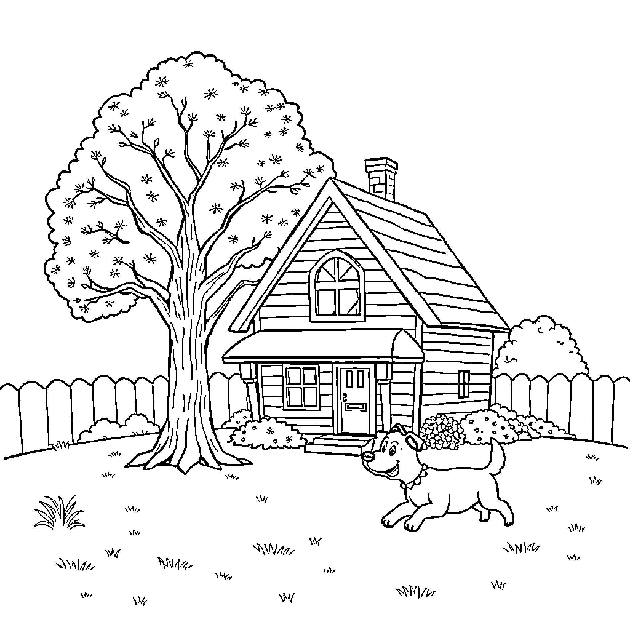 House with Playful Puppy in Snowy Yard Coloring Page (free black-and-white line drawing printable PDF for all, from beginners to advanced learners, including children, teens, adults, and seniors)