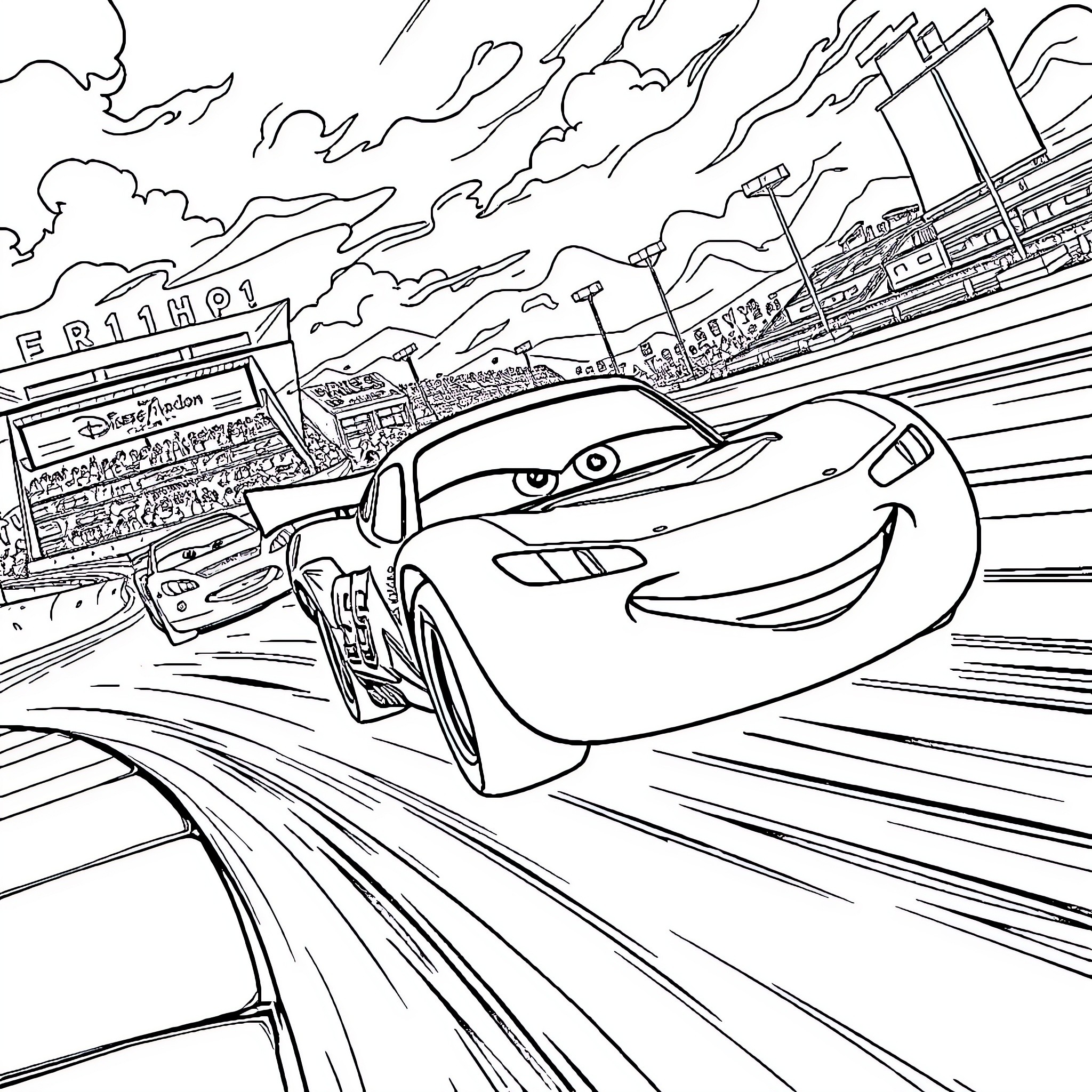Lightning McQueen racing through the city Coloring Page (free black-and-white line drawing printable PDF for all, from beginners to advanced learners, including children, teens, adults, and seniors)