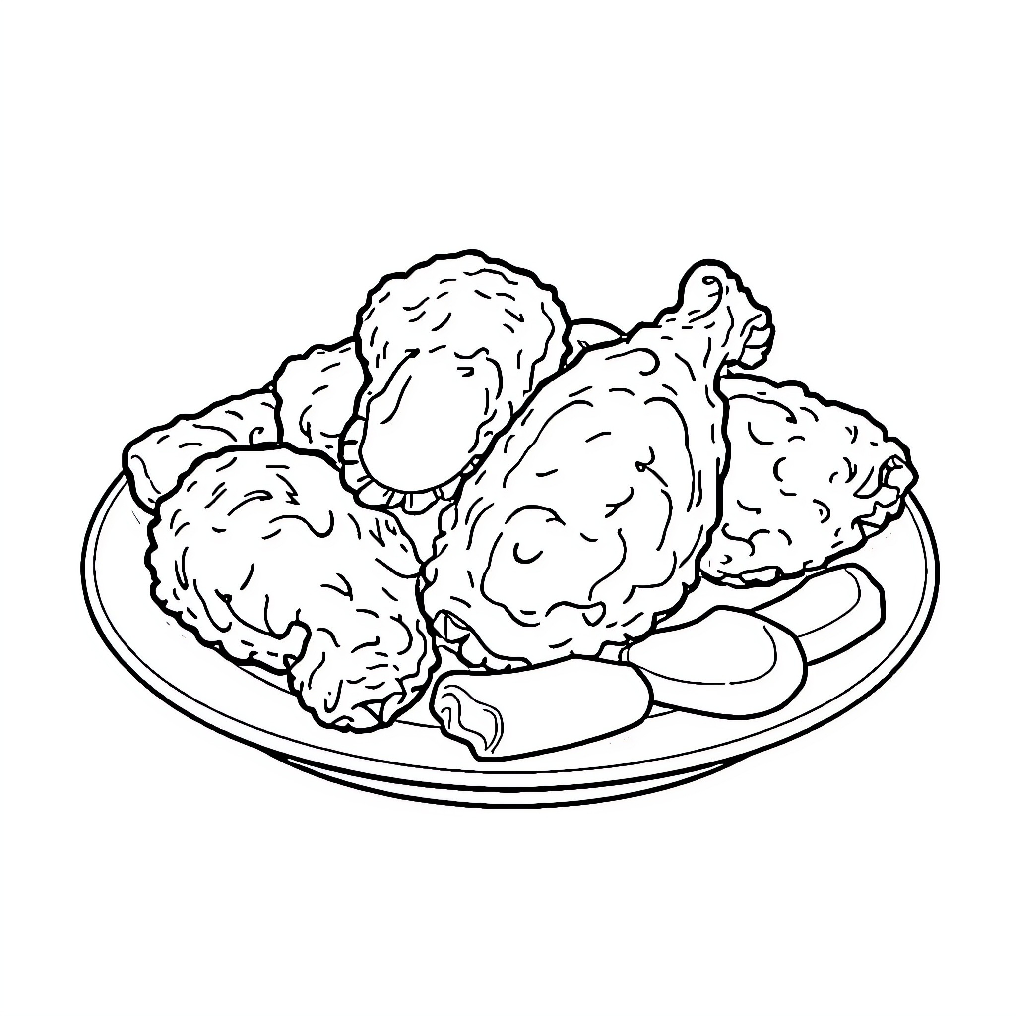 Chicken nuggets on a plate Coloring Page (free black-and-white line drawing printable PDF for all, from beginners to advanced learners, including children, teens, adults, and seniors)