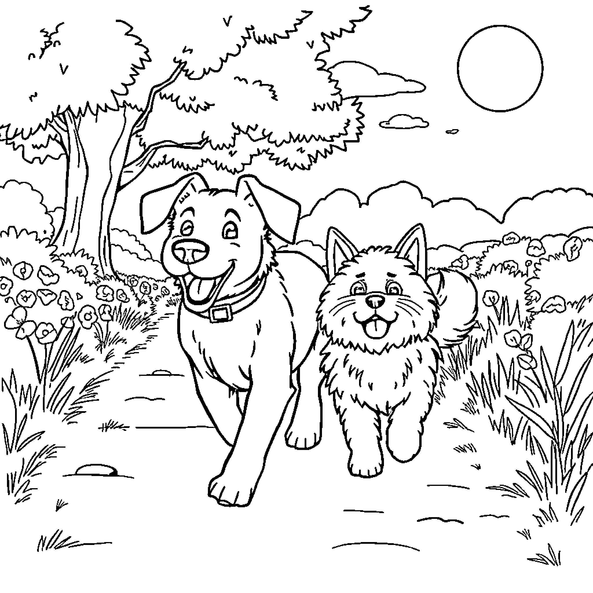 Dogs playing happily in the forest Coloring Page (free black-and-white line drawing printable PDF for all, from beginners to advanced learners, including children, teens, adults, and seniors)