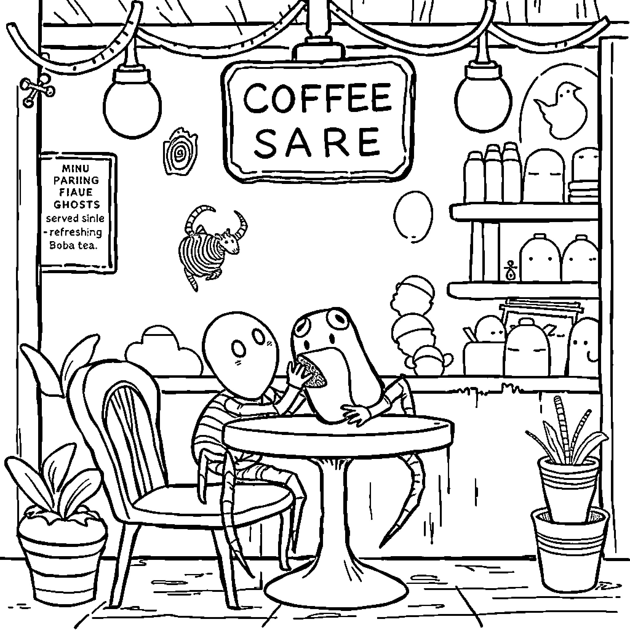 Spider-like creatures enjoying coffee and snacks in a cozy cafe Coloring Page (free black-and-white line drawing printable PDF for all, from beginners to advanced learners, including children, teens, adults, and seniors)