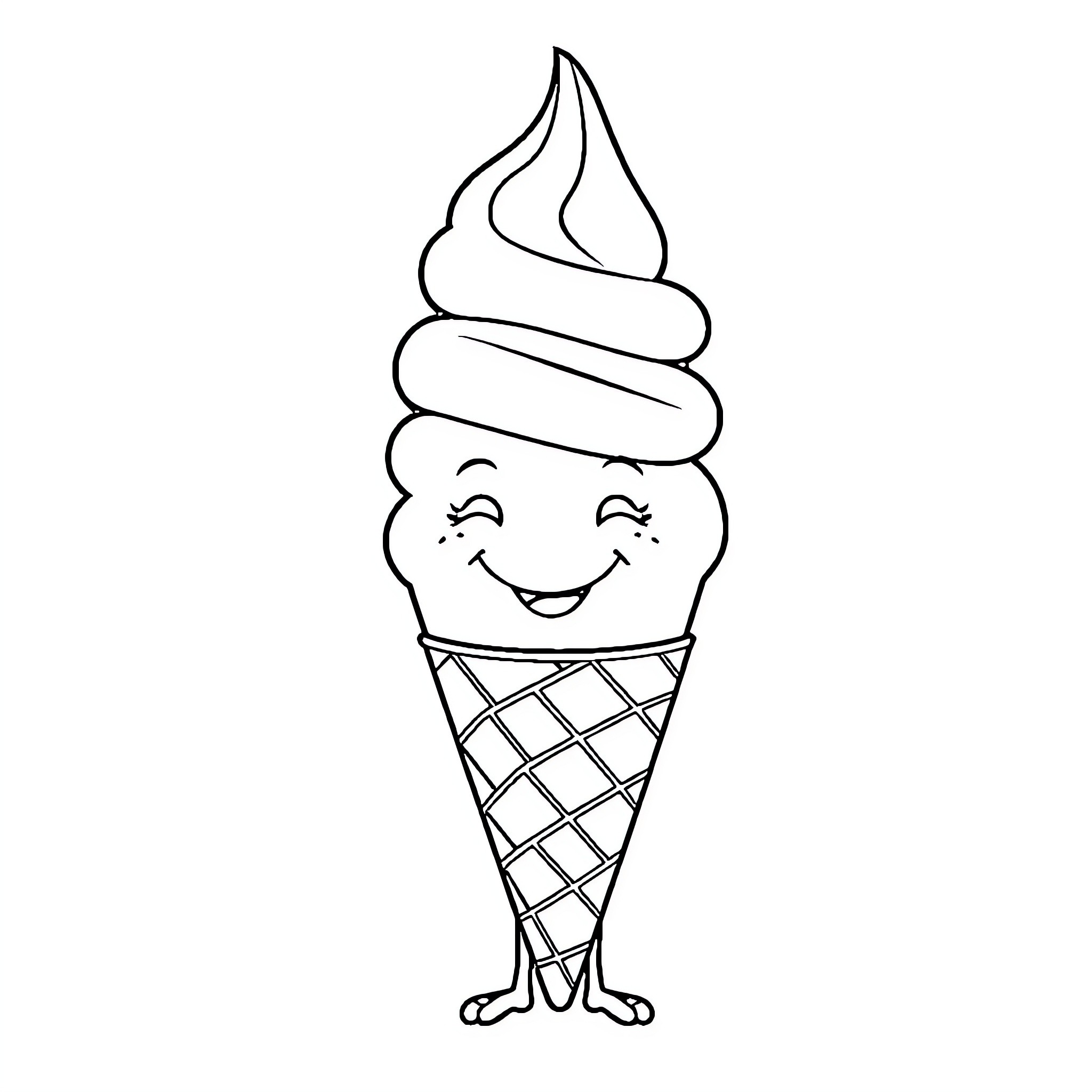 Ice Cream Cone with Smiling Expression Coloring Page (free black-and-white line drawing printable PDF for all, from beginners to advanced learners, including children, teens, adults, and seniors)
