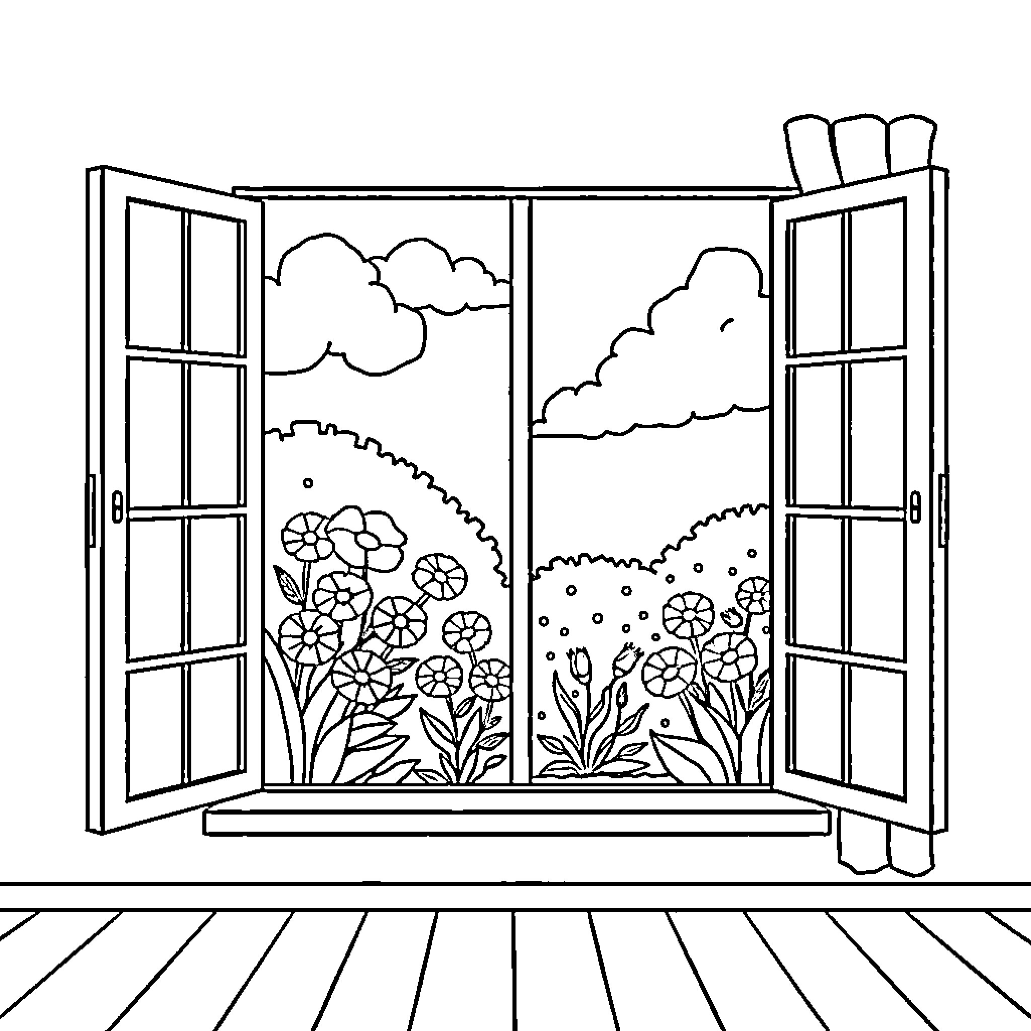 Window Overlooking a Floral Landscape Coloring Page (free black-and-white line drawing printable PDF for all, from beginners to advanced learners, including children, teens, adults, and seniors)