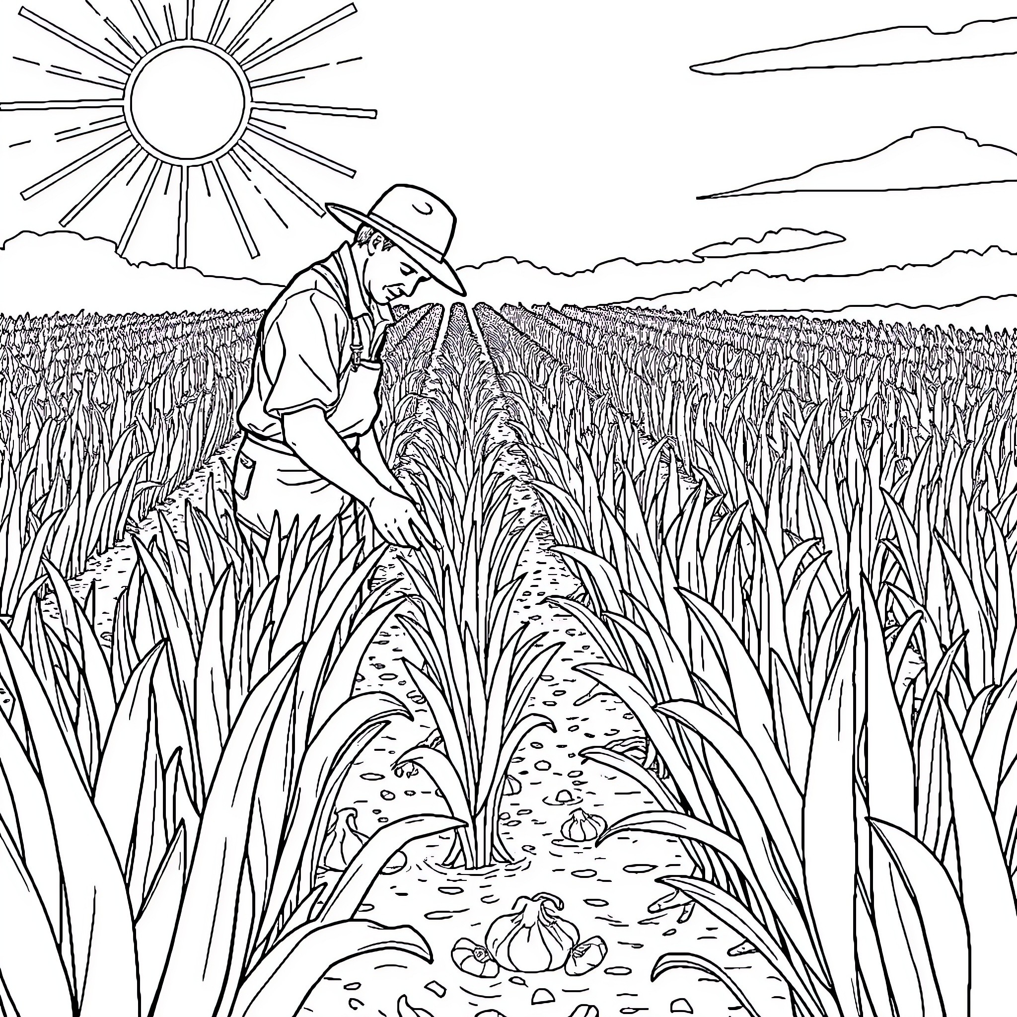 Garlic farmer tending to his field Coloring Page (free black-and-white line drawing printable PDF for all, from beginners to advanced learners, including children, teens, adults, and seniors)
