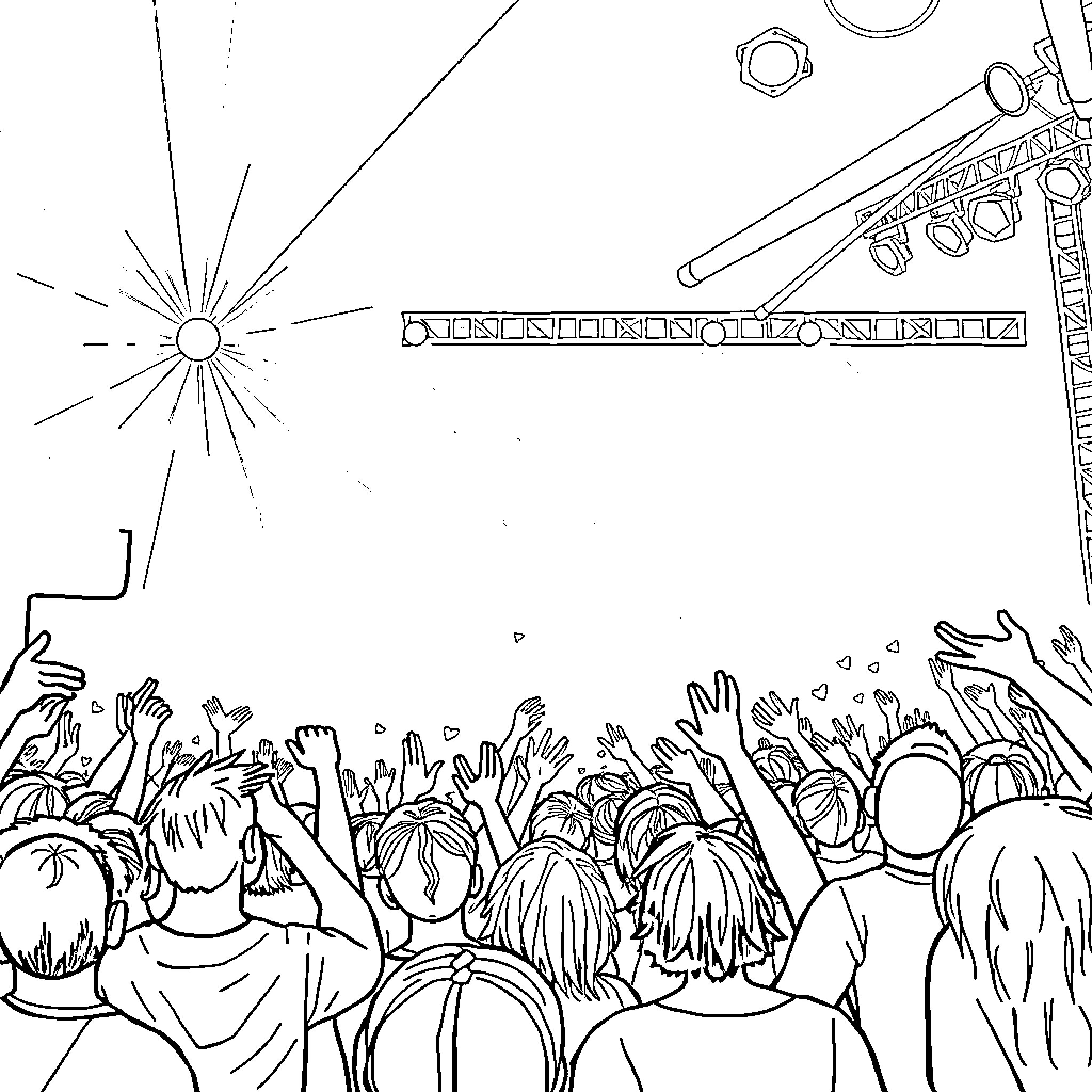 Kpop Crowd Cheering and Celebrating on Stage Coloring Page (free black-and-white line drawing printable PDF for all, from beginners to advanced learners, including children, teens, adults, and seniors)