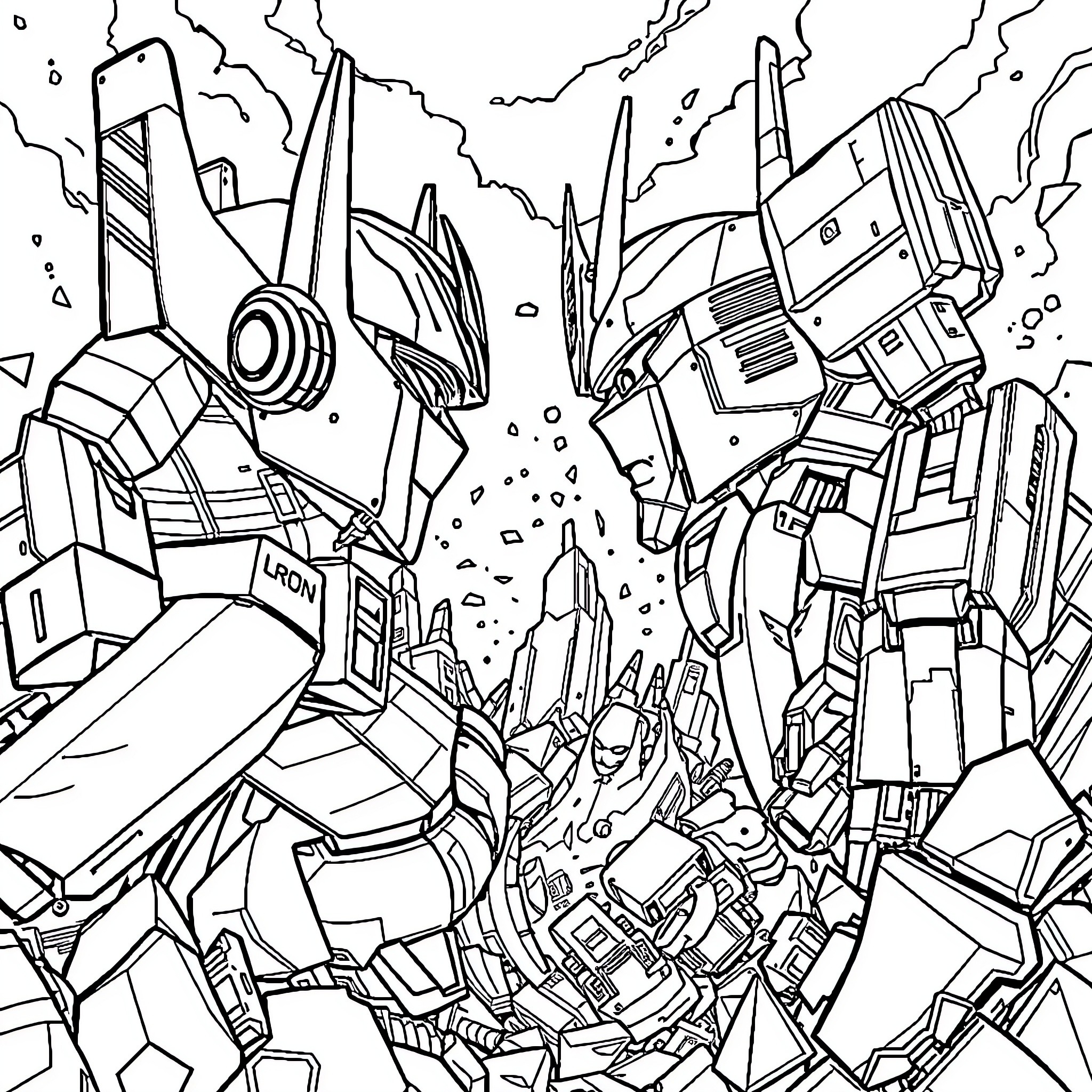 Optimus Prime leading the Autobots in a fierce battle Coloring Page (free black-and-white line drawing printable PDF for all, from beginners to advanced learners, including children, teens, adults, and seniors)