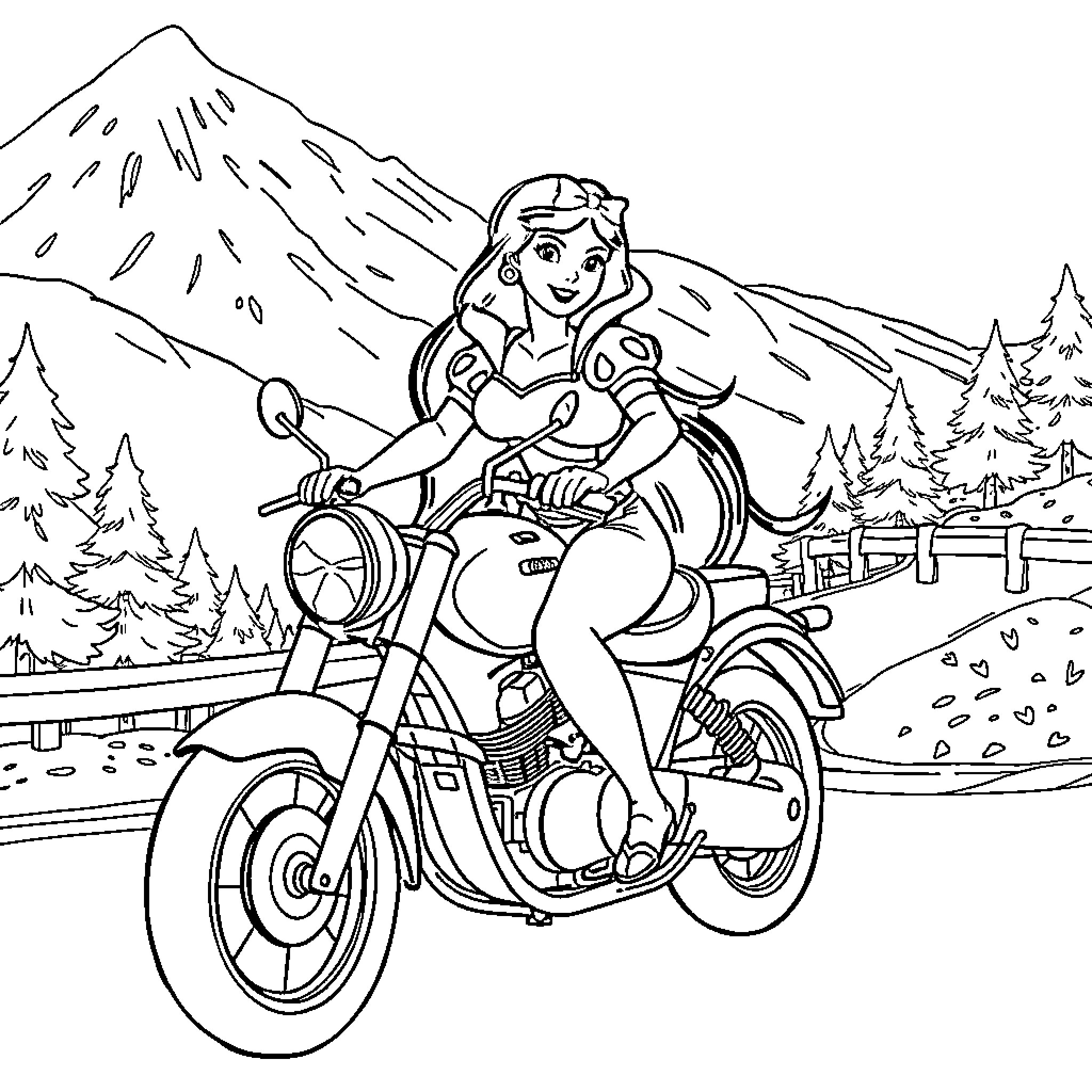Snow White riding a motorcycle in the mountains Coloring Page (free black-and-white line drawing printable PDF for all, from beginners to advanced learners, including children, teens, adults, and seniors)