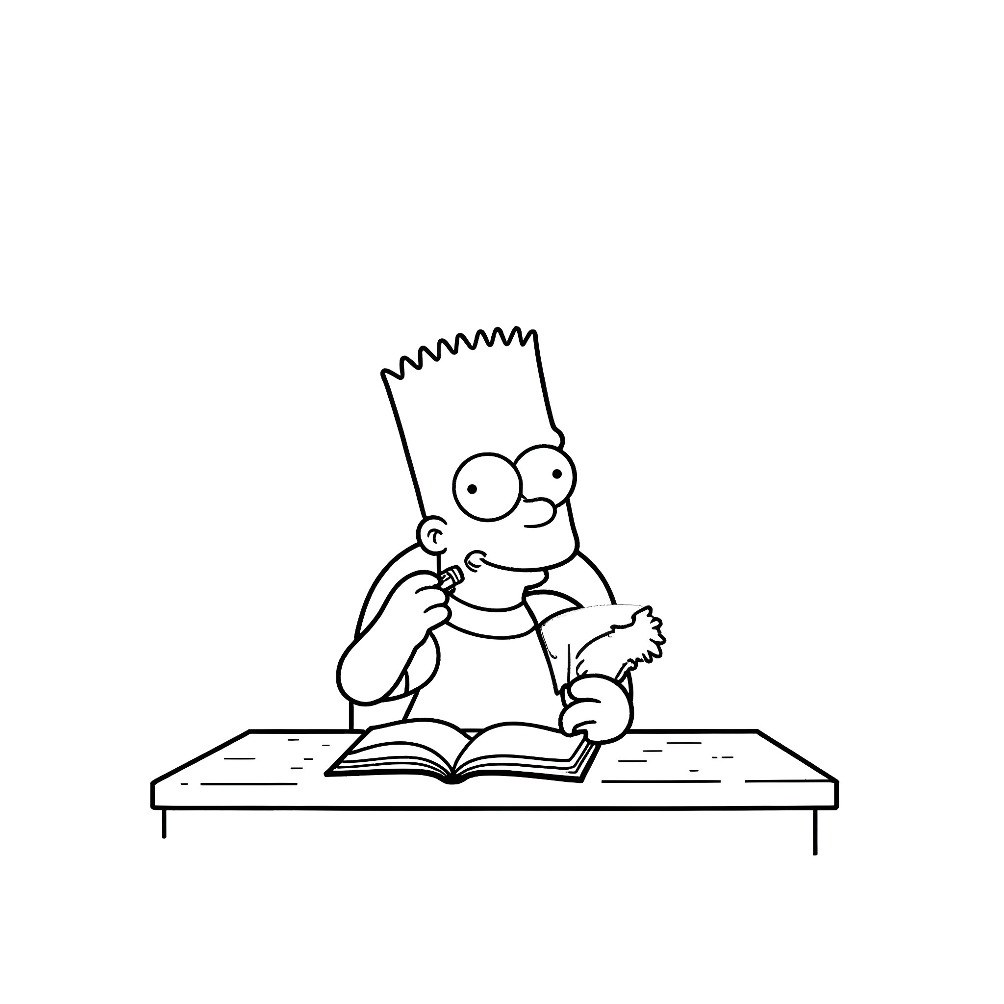 Bart studying diligently at his desk Coloring Page (free black-and-white line drawing printable PDF for all, from beginners to advanced learners, including children, teens, adults, and seniors)