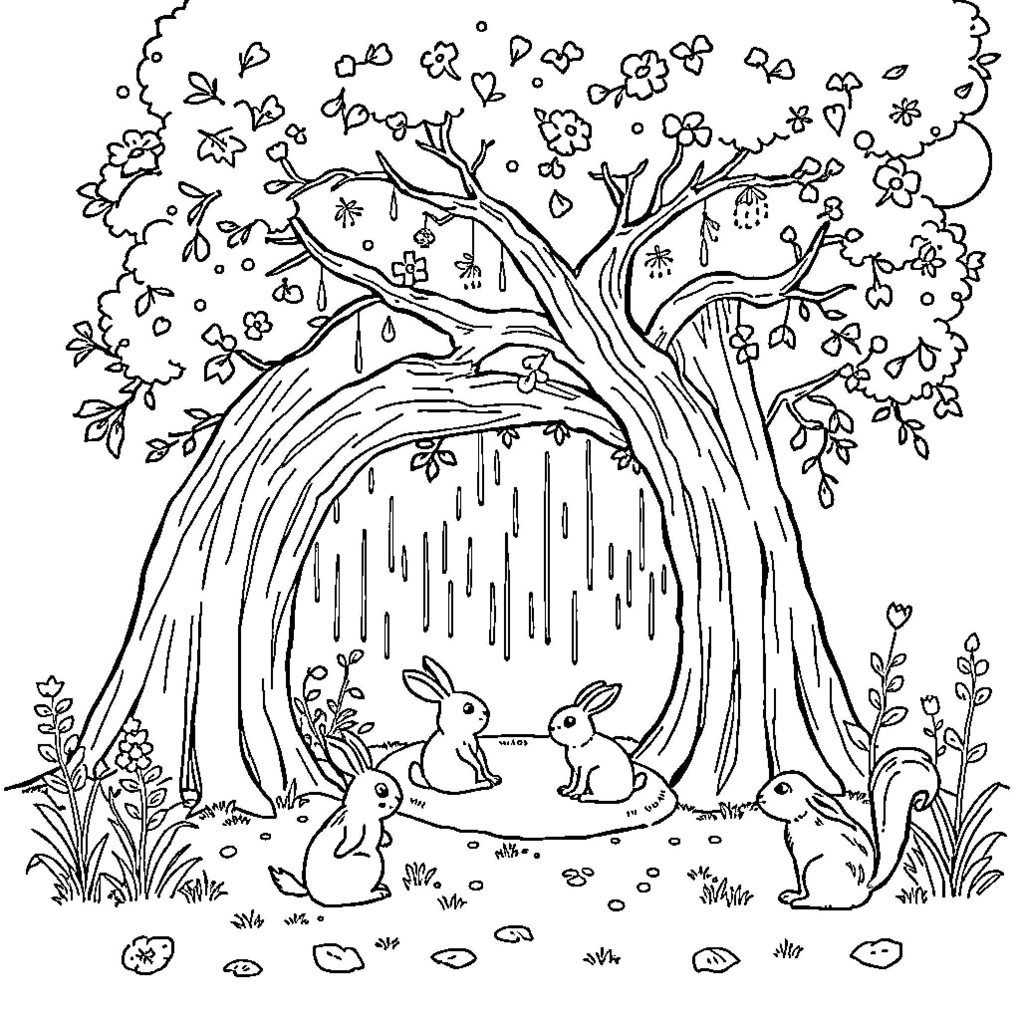 Animal friends gather under blooming tree Coloring Page (free black-and-white line drawing printable PDF for all, from beginners to advanced learners, including children, teens, adults, and seniors)