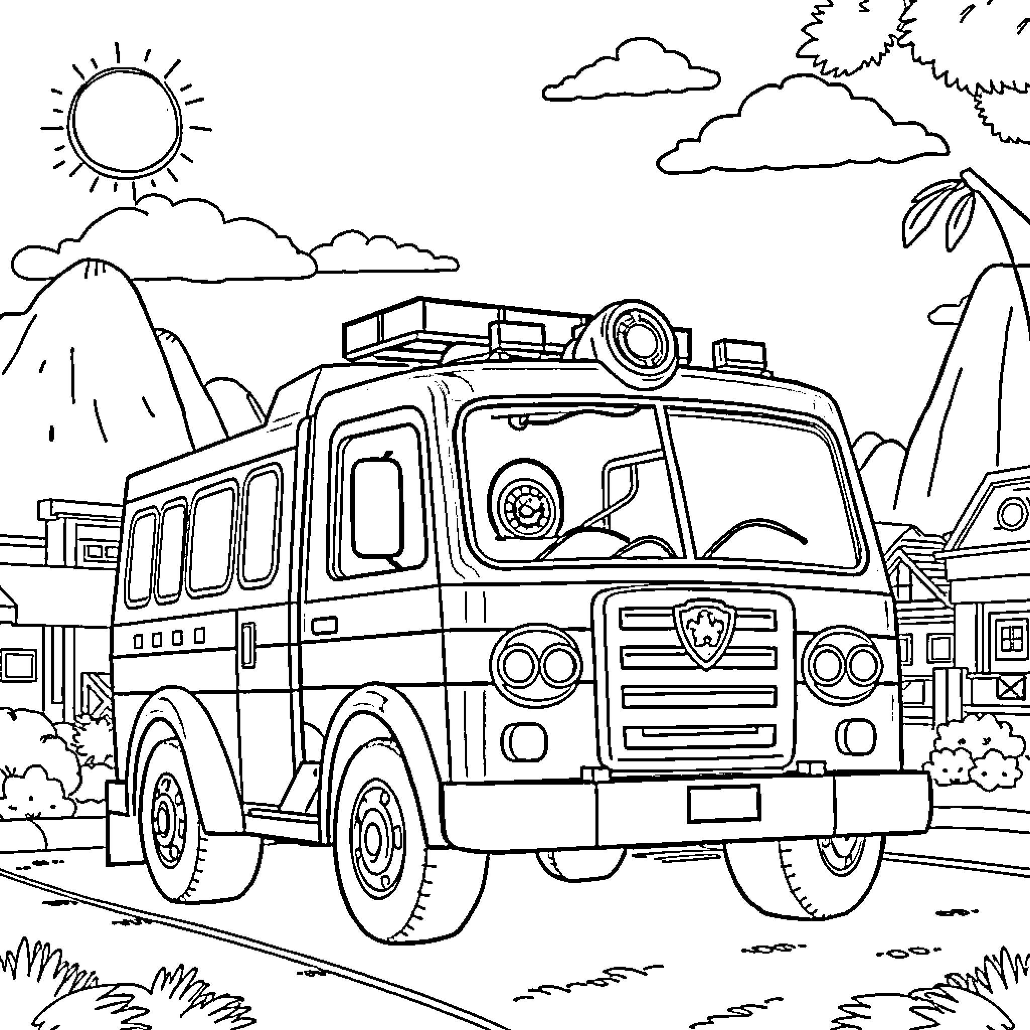 Fire Truck on Patrol in the Countryside Coloring Page (free black-and-white line drawing printable PDF for all, from beginners to advanced learners, including children, teens, adults, and seniors)