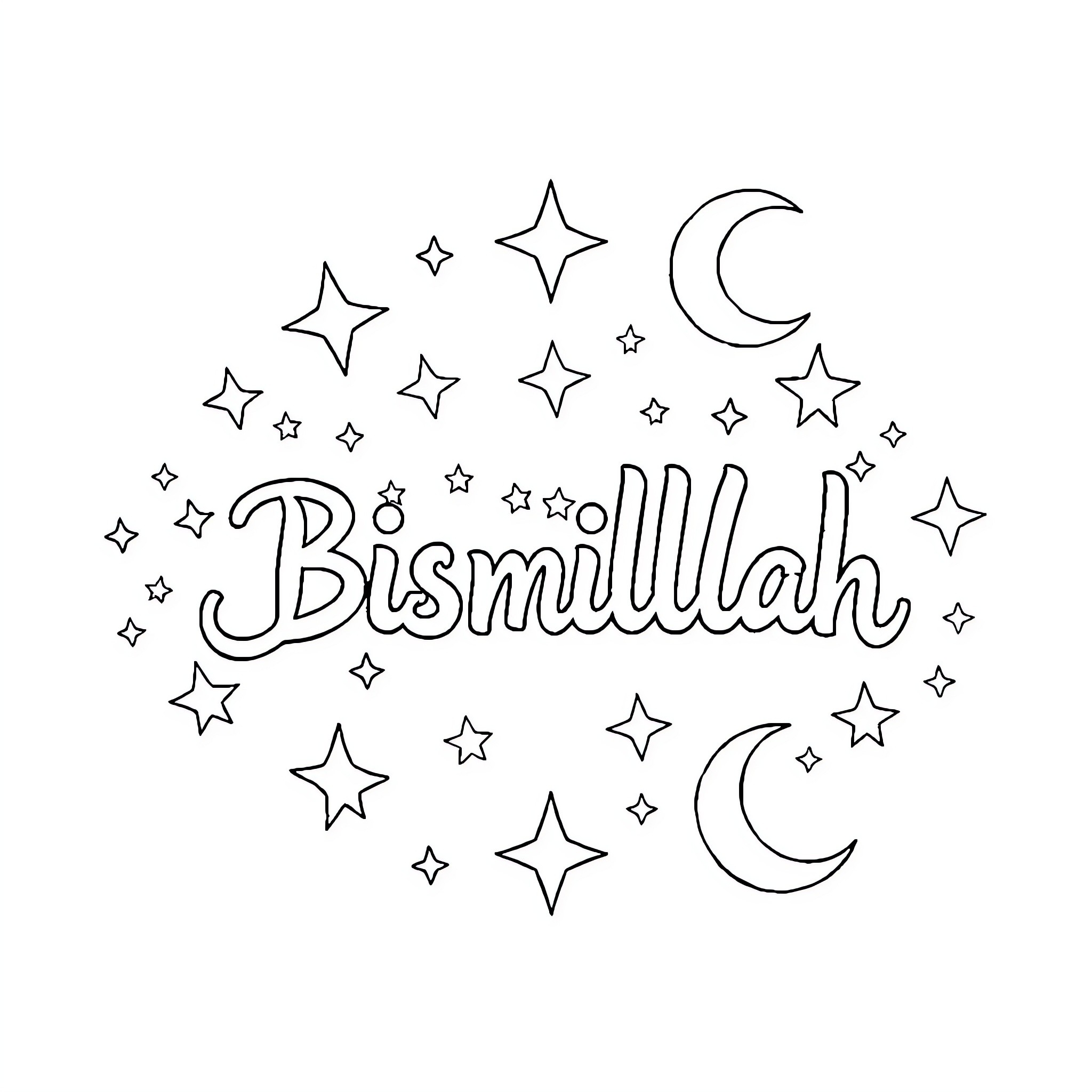 Bismillah - Celestial Scene with Stars and Moon Coloring Page (free black-and-white line drawing printable PDF for all, from beginners to advanced learners, including children, teens, adults, and seniors)