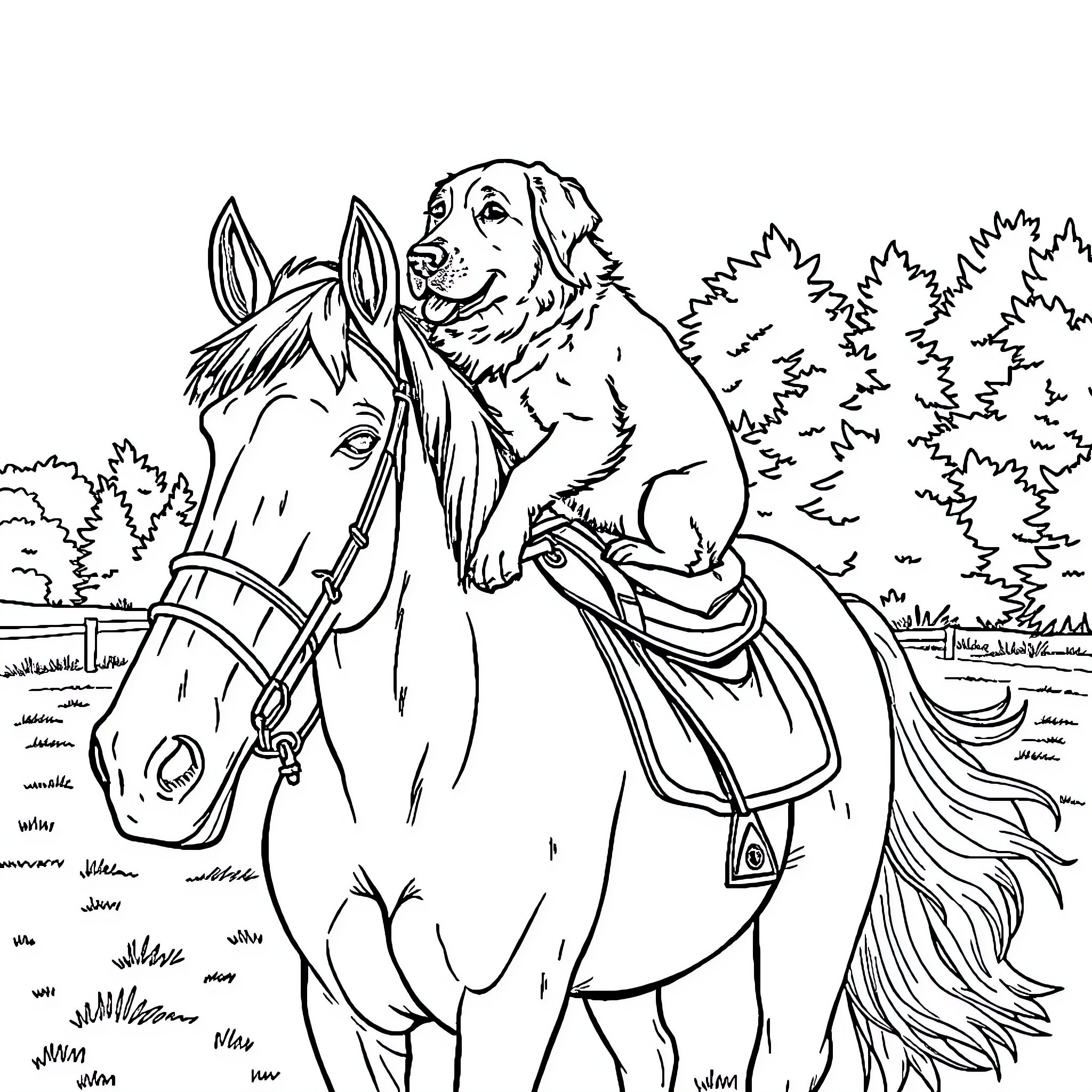Golden Retriever Riding a Horse in the Forest Coloring Page (free black-and-white line drawing printable PDF for all, from beginners to advanced learners, including children, teens, adults, and seniors)