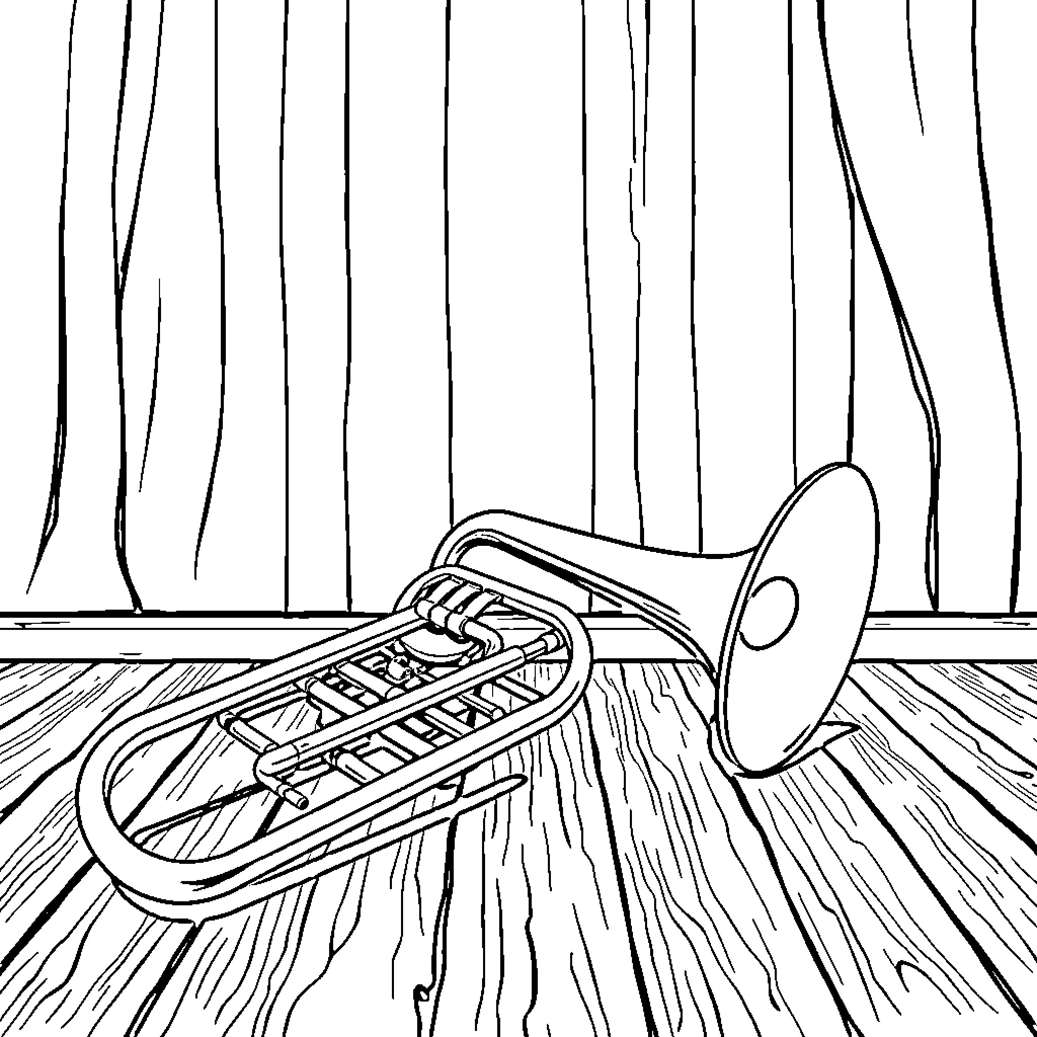 Trombone on Wooden Stage with Curtains Coloring Page (free black-and-white line drawing printable PDF for all, from beginners to advanced learners, including children, teens, adults, and seniors)