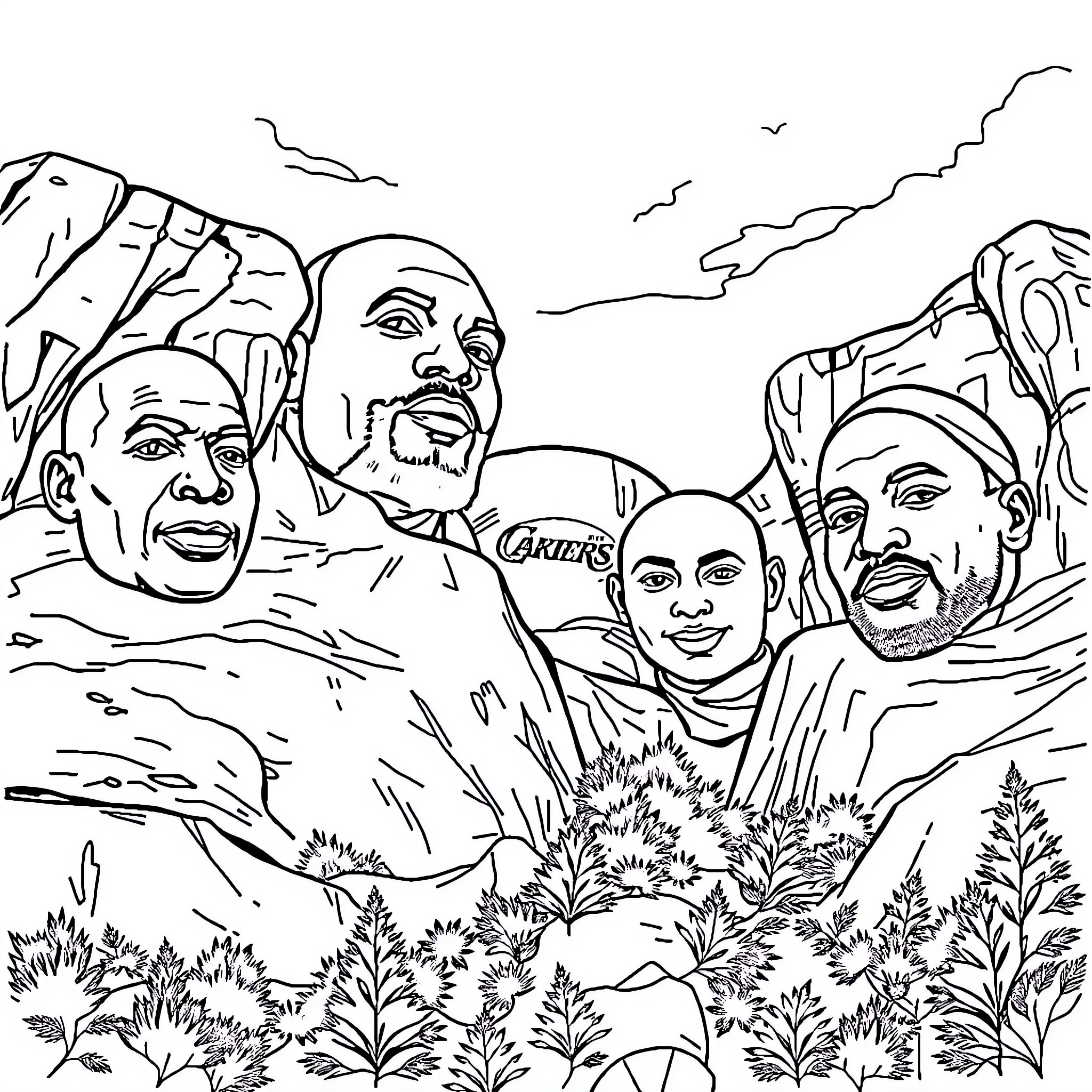 Basketball Players Celebrating Victory in Scenic Outdoor Setting Coloring Page (free black-and-white line drawing printable PDF for all, from beginners to advanced learners, including children, teens, adults, and seniors)