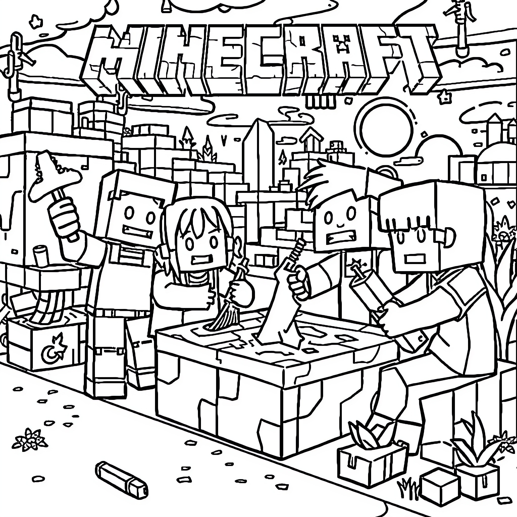 Minecraft Characters Engaged in Creative Play Coloring Page (free black-and-white line drawing printable PDF for all, from beginners to advanced learners, including children, teens, adults, and seniors)