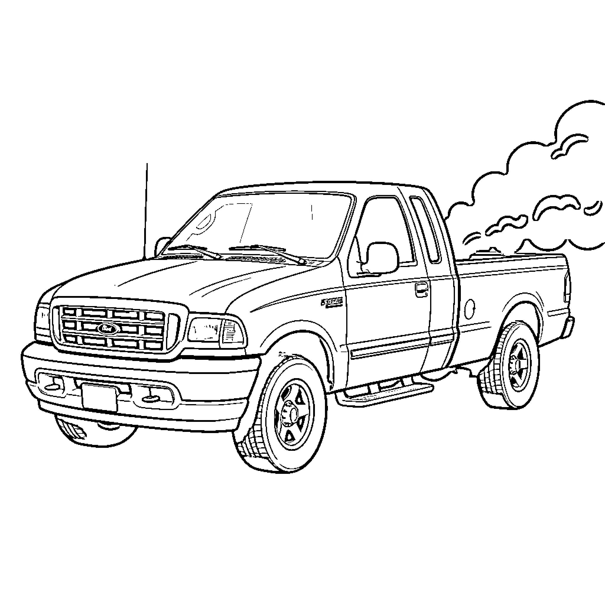 Ford F250 driving while emitting smoke from the back Coloring Page (free black-and-white line drawing printable PDF for all, from beginners to advanced learners, including children, teens, adults, and seniors)