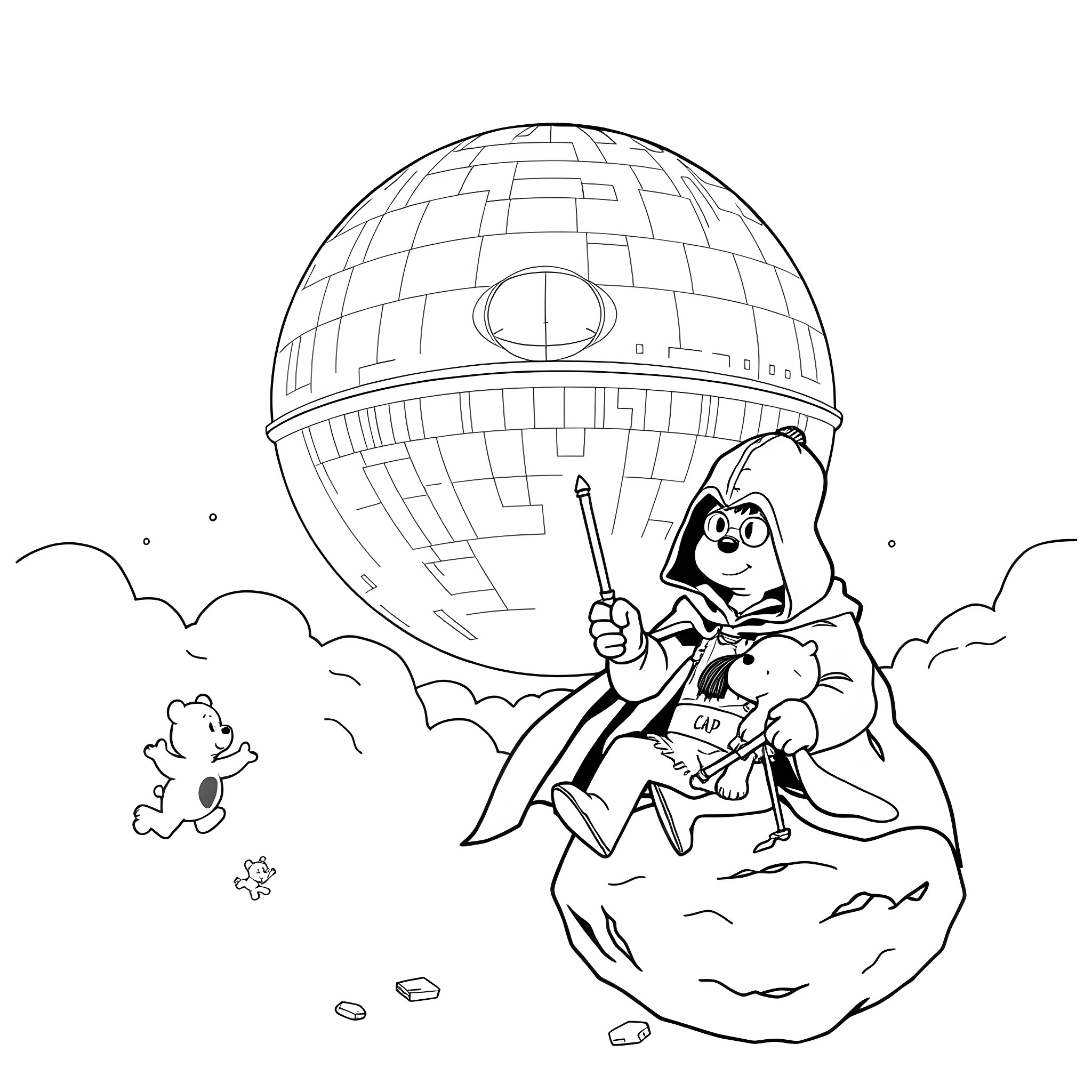 Death Star destroyed by rebels in the galaxy Coloring Page (free black-and-white line drawing printable PDF for all, from beginners to advanced learners, including children, teens, adults, and seniors)