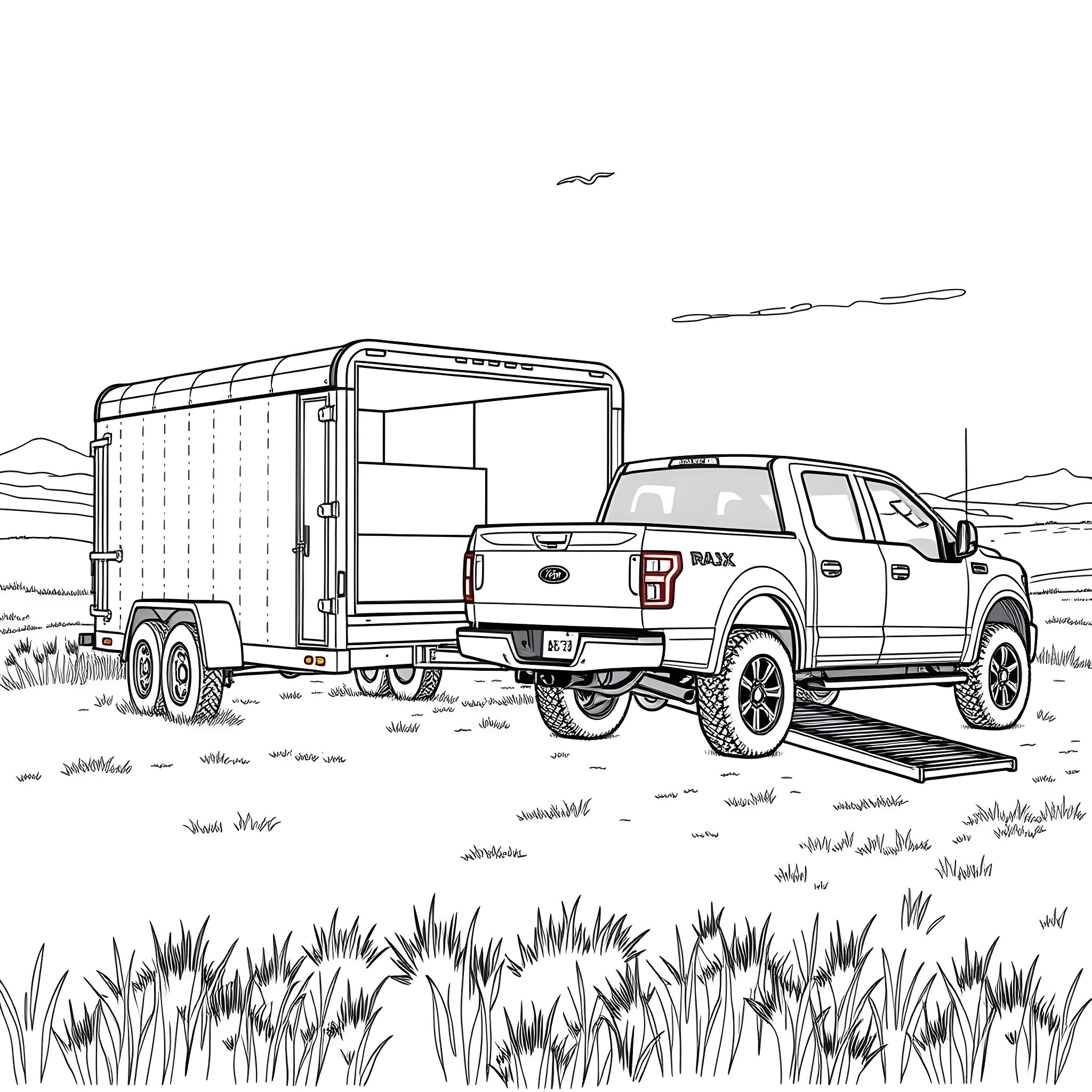 Car Trailer Transporting Pickup Truck on Rugged Terrain Coloring Page (free black-and-white line drawing printable PDF for all, from beginners to advanced learners, including children, teens, adults, and seniors)