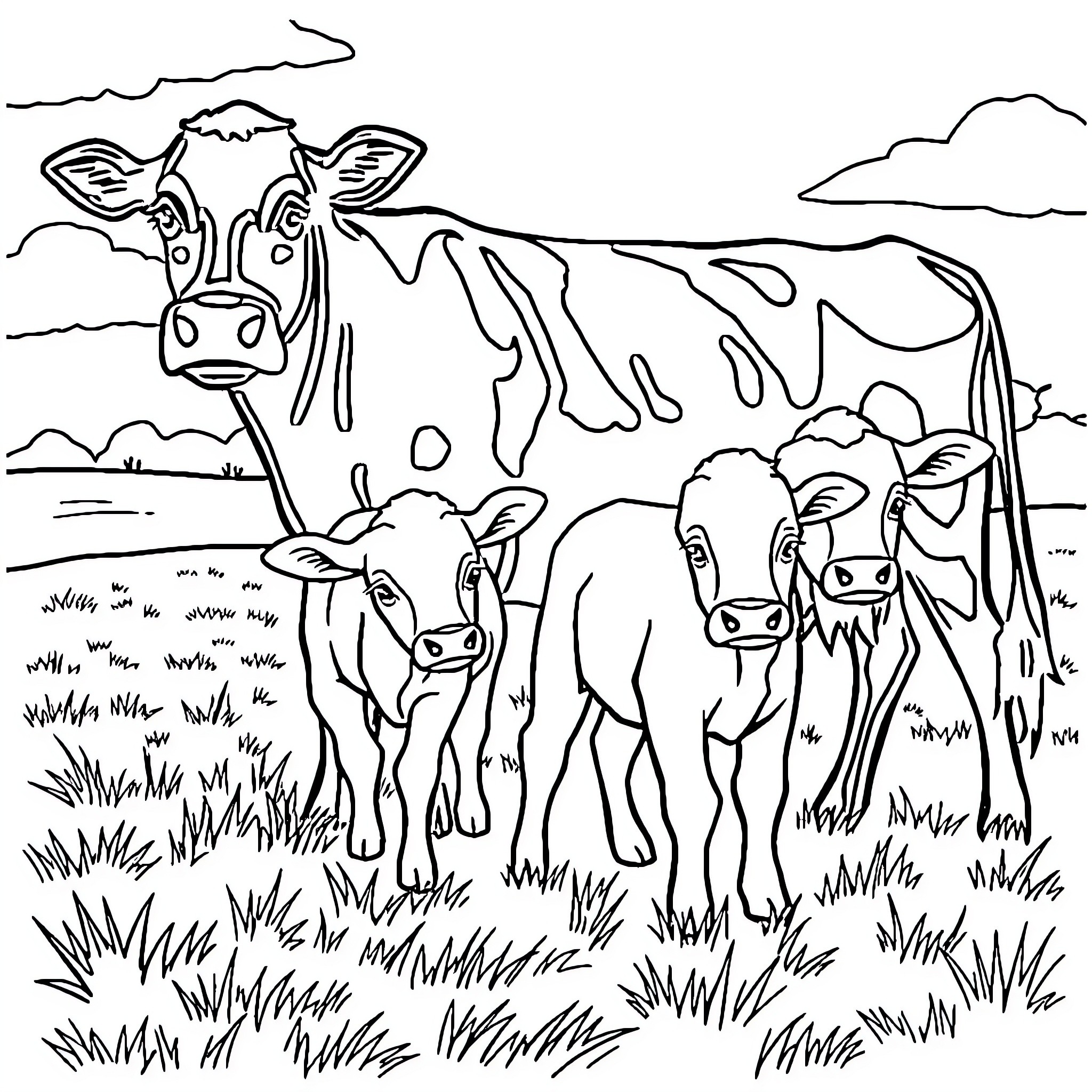 Cow and her calf grazing in the field Coloring Page (free black-and-white line drawing printable PDF for all, from beginners to advanced learners, including children, teens, adults, and seniors)