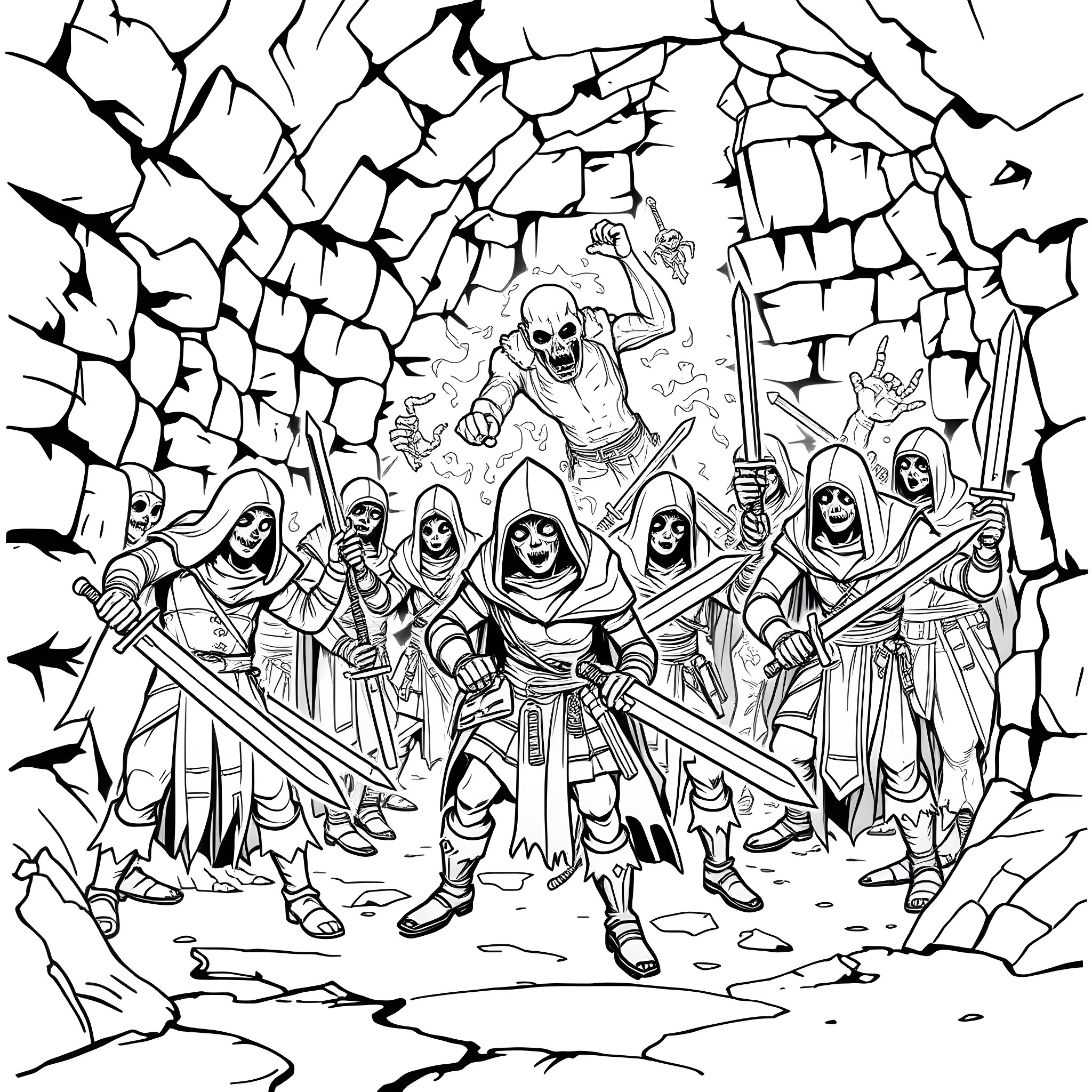 D&D Warriors Charge Into Battle with Skeleton Leader Coloring Page (free black-and-white line drawing printable PDF for all, from beginners to advanced learners, including children, teens, adults, and seniors)