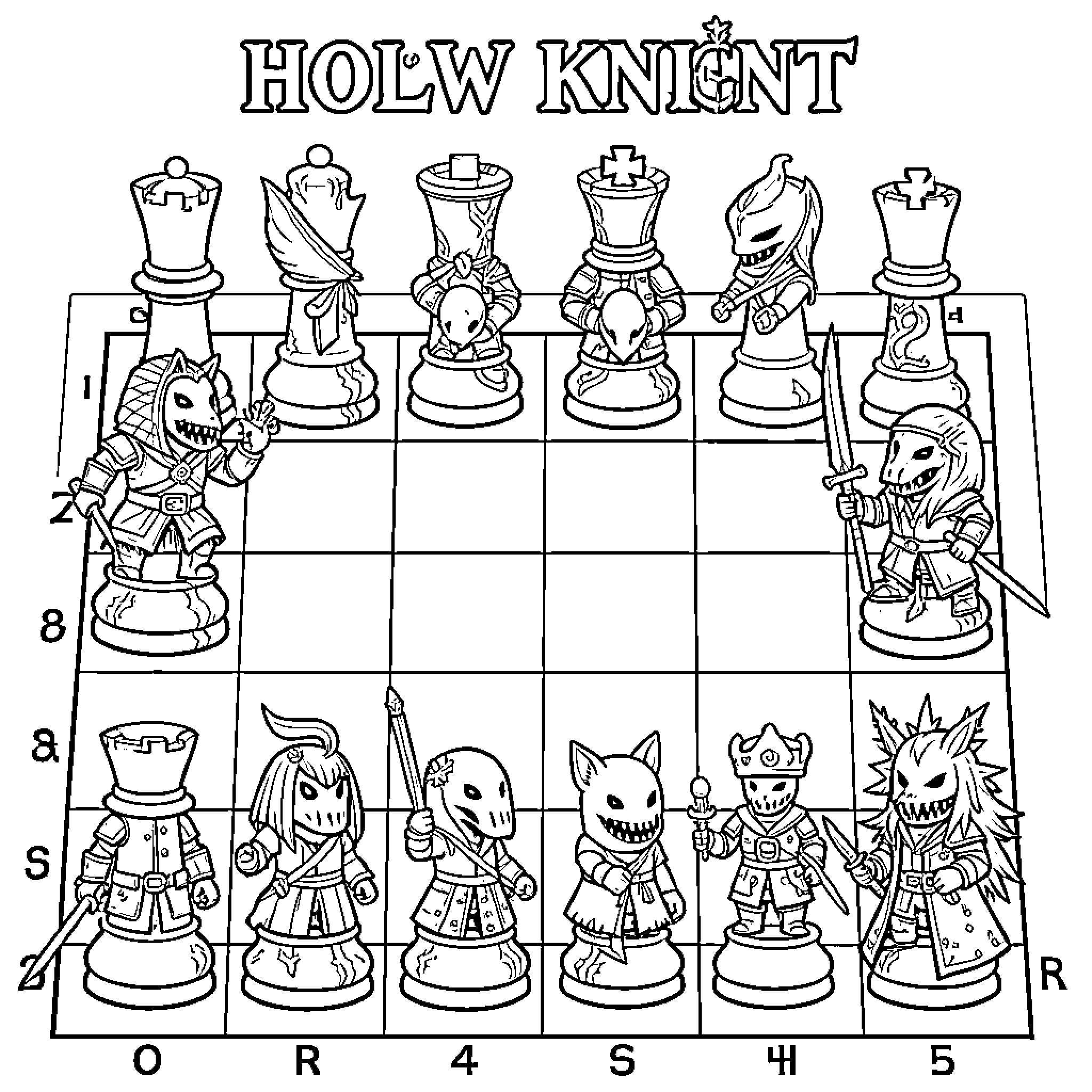 Chess game featuring knight chess pieces in fantasy outfits Coloring Page (free black-and-white line drawing printable PDF for all, from beginners to advanced learners, including children, teens, adults, and seniors)