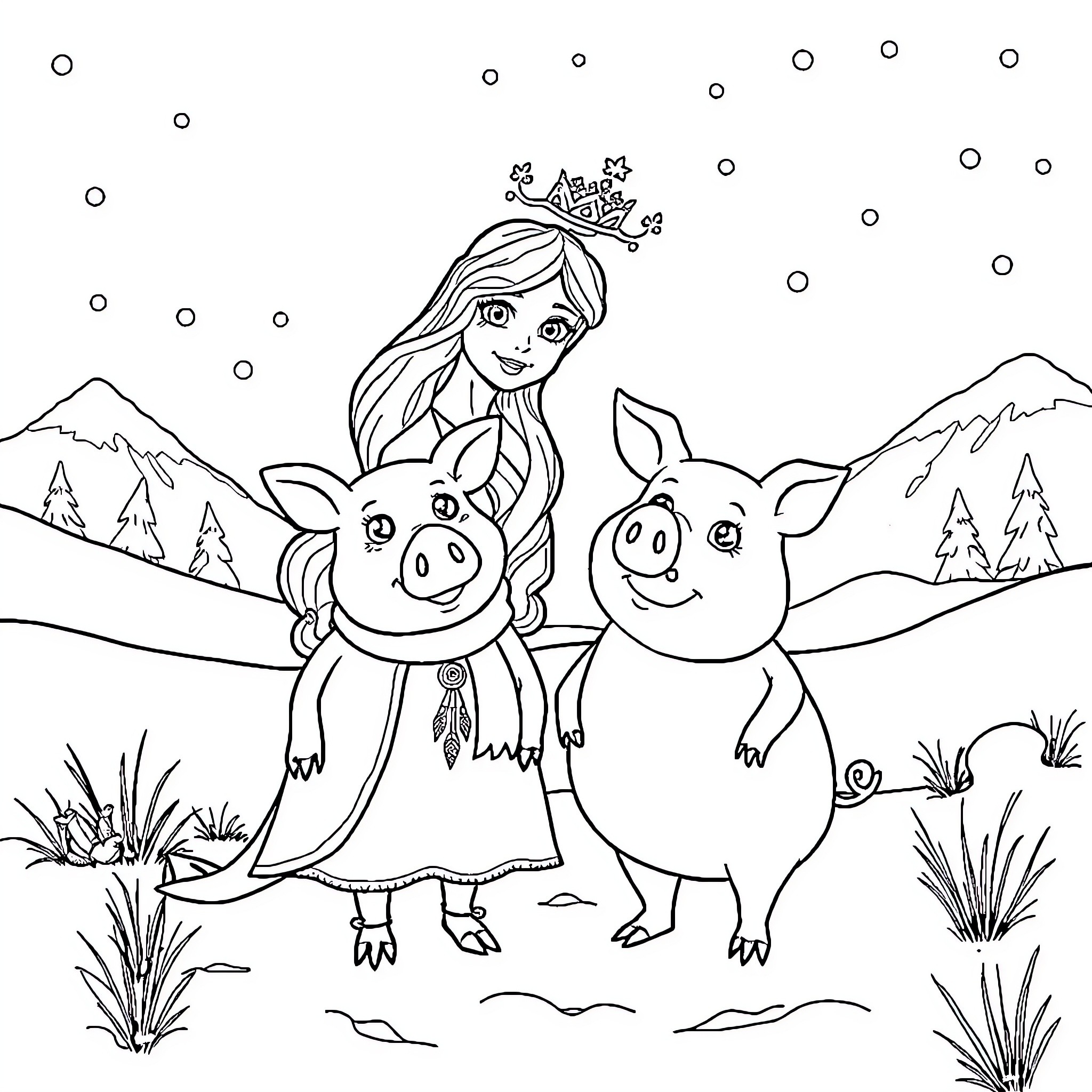 Snow Queen and her animal friends in the winter wonderland Coloring Page (free black-and-white line drawing printable PDF for all, from beginners to advanced learners, including children, teens, adults, and seniors)