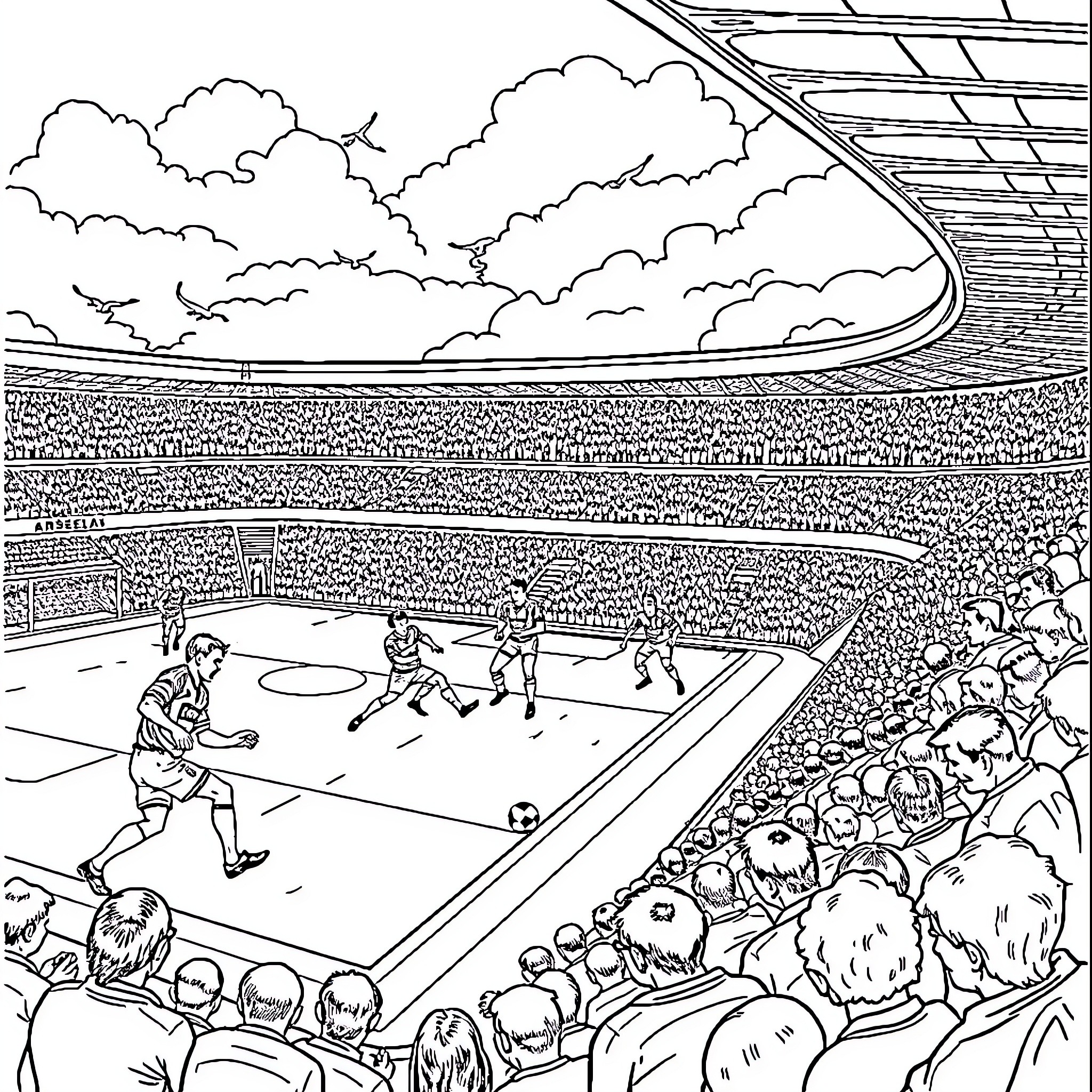 Arsenal Players in Intense Football Match Coloring Page (free black-and-white line drawing printable PDF for all, from beginners to advanced learners, including children, teens, adults, and seniors)