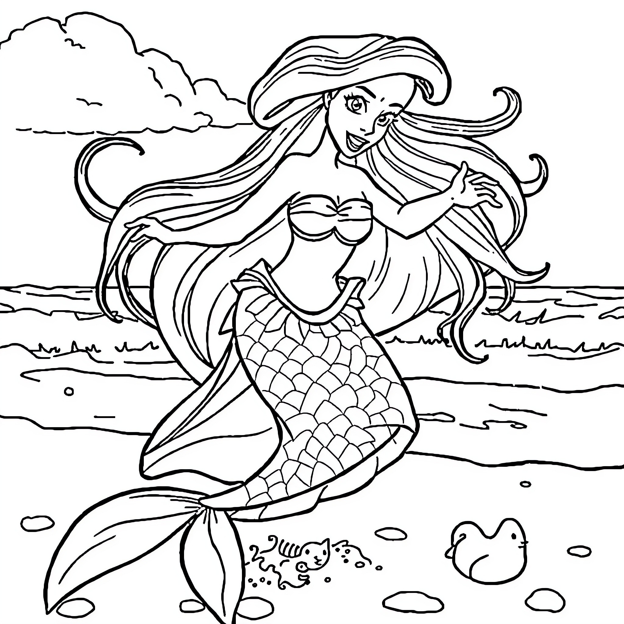 Princess Ariel swimming gracefully in the ocean Coloring Page (free black-and-white line drawing printable PDF for all, from beginners to advanced learners, including children, teens, adults, and seniors)