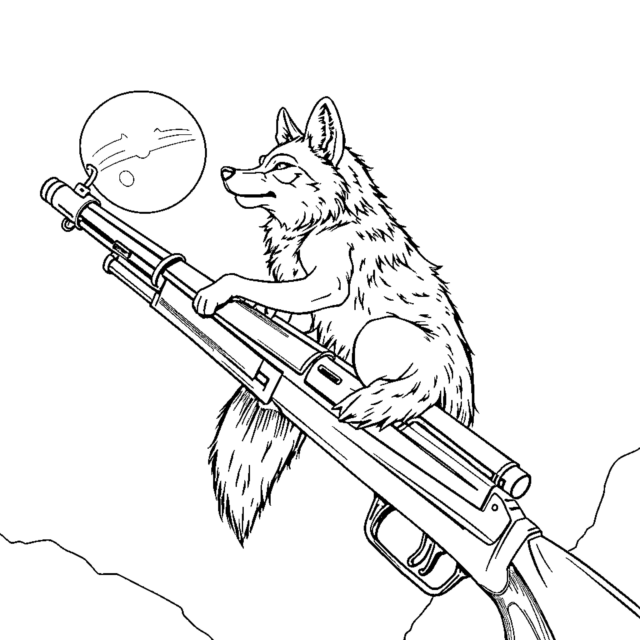 Coyote aiming a firearm into the night Coloring Page (free black-and-white line drawing printable PDF for all, from beginners to advanced learners, including children, teens, adults, and seniors)