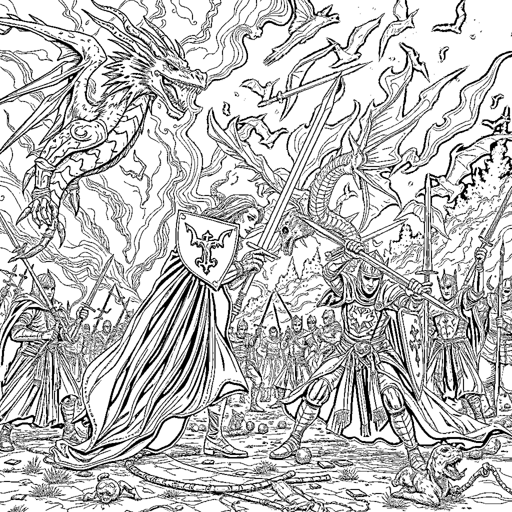 Game of Thrones: Epic Battle with Majestic Dragon Coloring Page (free black-and-white line drawing printable PDF for all, from beginners to advanced learners, including children, teens, adults, and seniors)