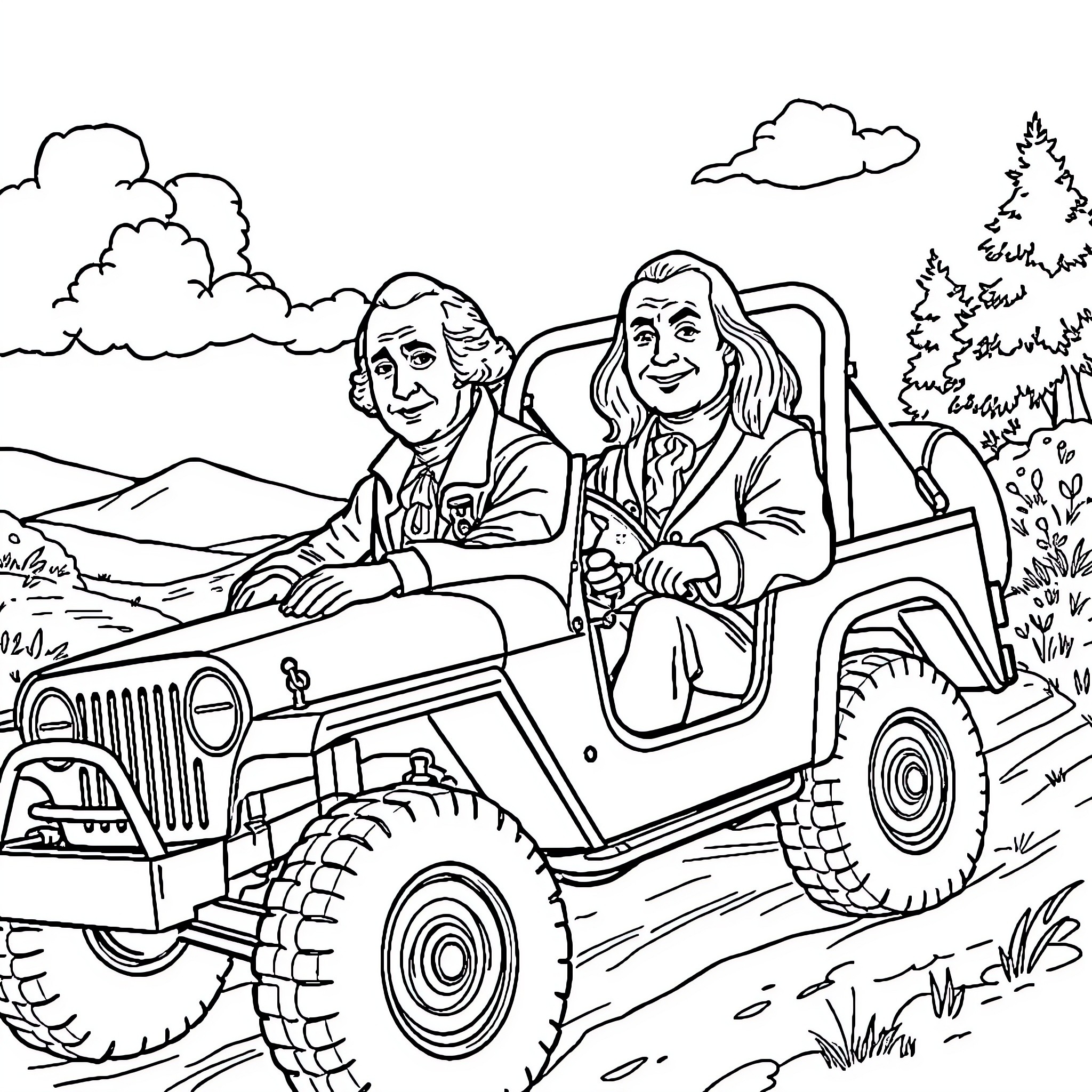 George Washington and Benjamin Franklin Explore the Countryside Coloring Page (free black-and-white line drawing printable PDF for all, from beginners to advanced learners, including children, teens, adults, and seniors)
